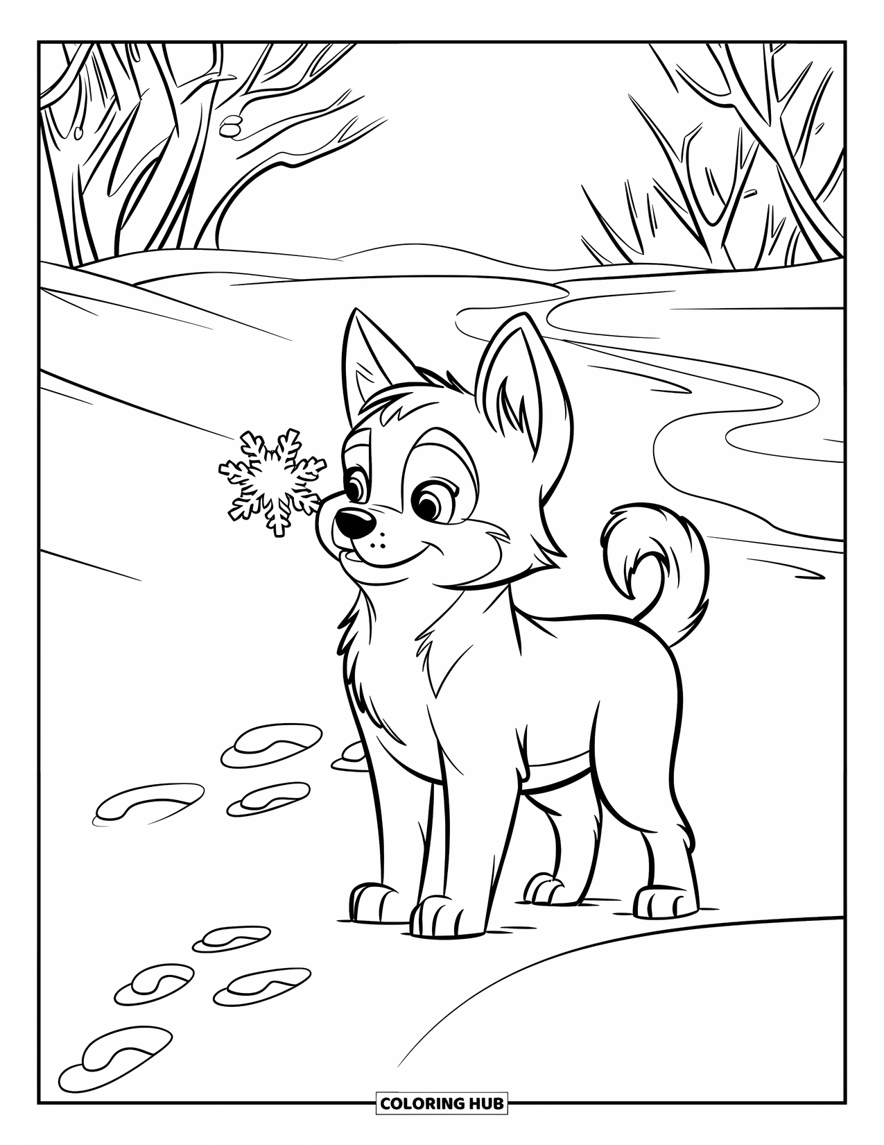 Husky Puppy Coloring Page for Kids: Snowy pup with footprints nearby catches flakes on its nose