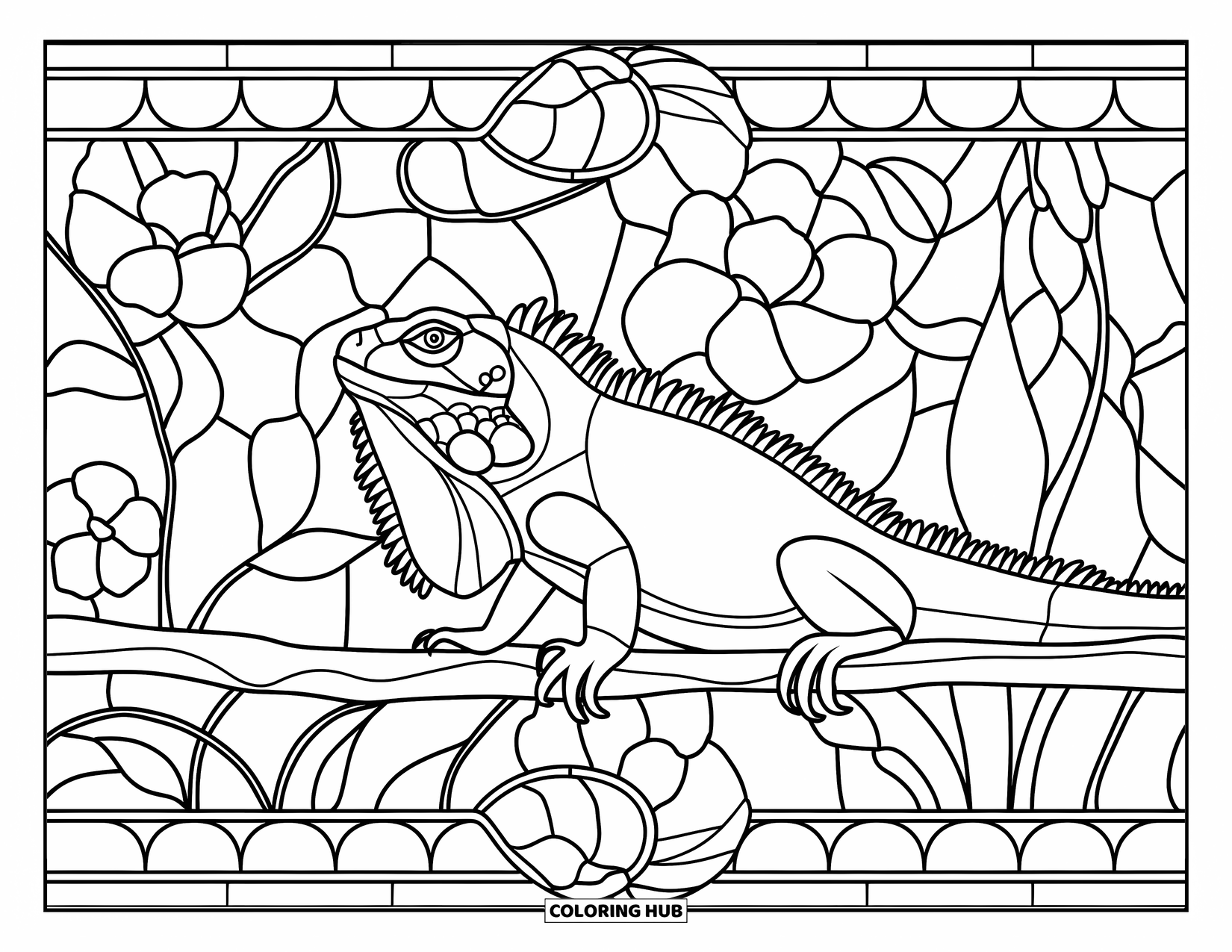 Iguana Coloring Page for Adults: Contemplative iguana sits on a branch in a tropical stained glass frame