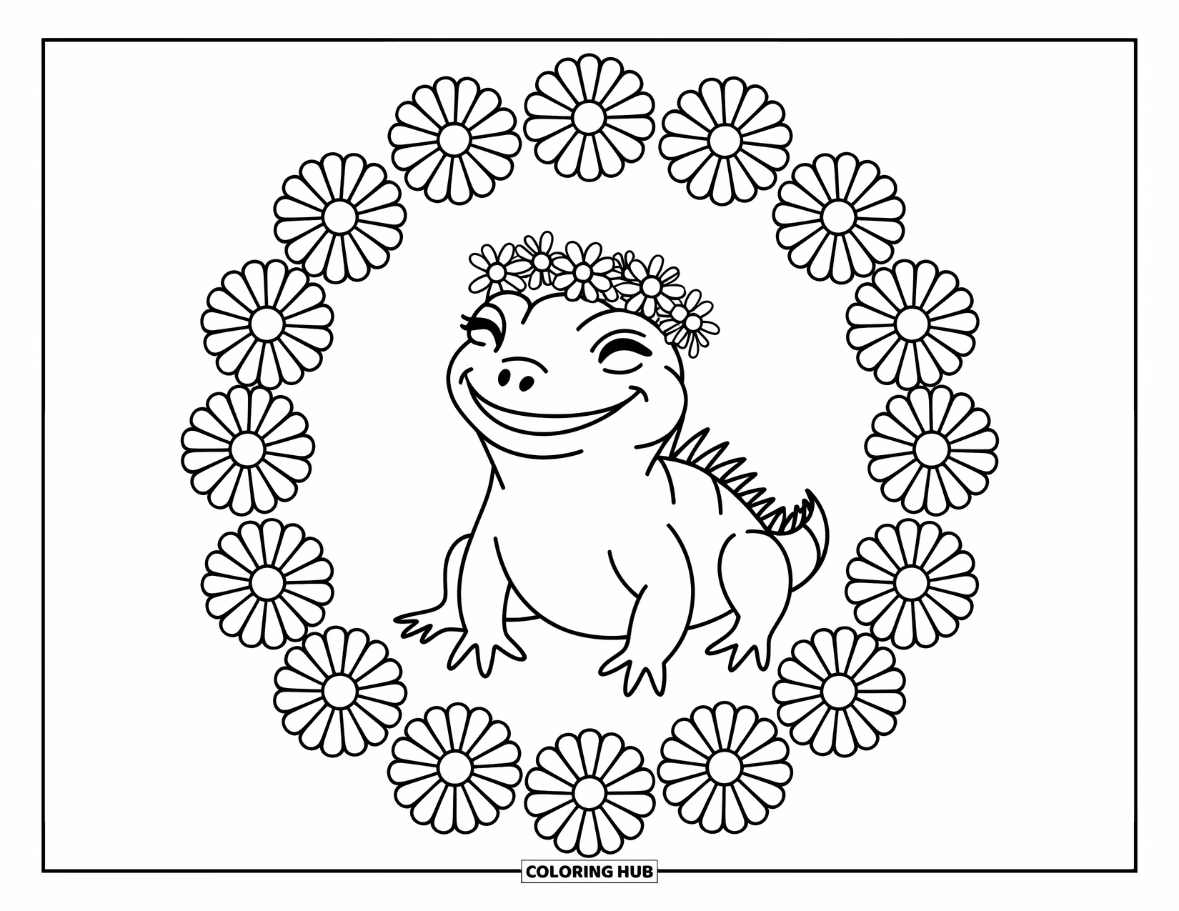 Iguana Coloring Page for Adults: Content iguana with a flower crown relaxes among giant jungle petals