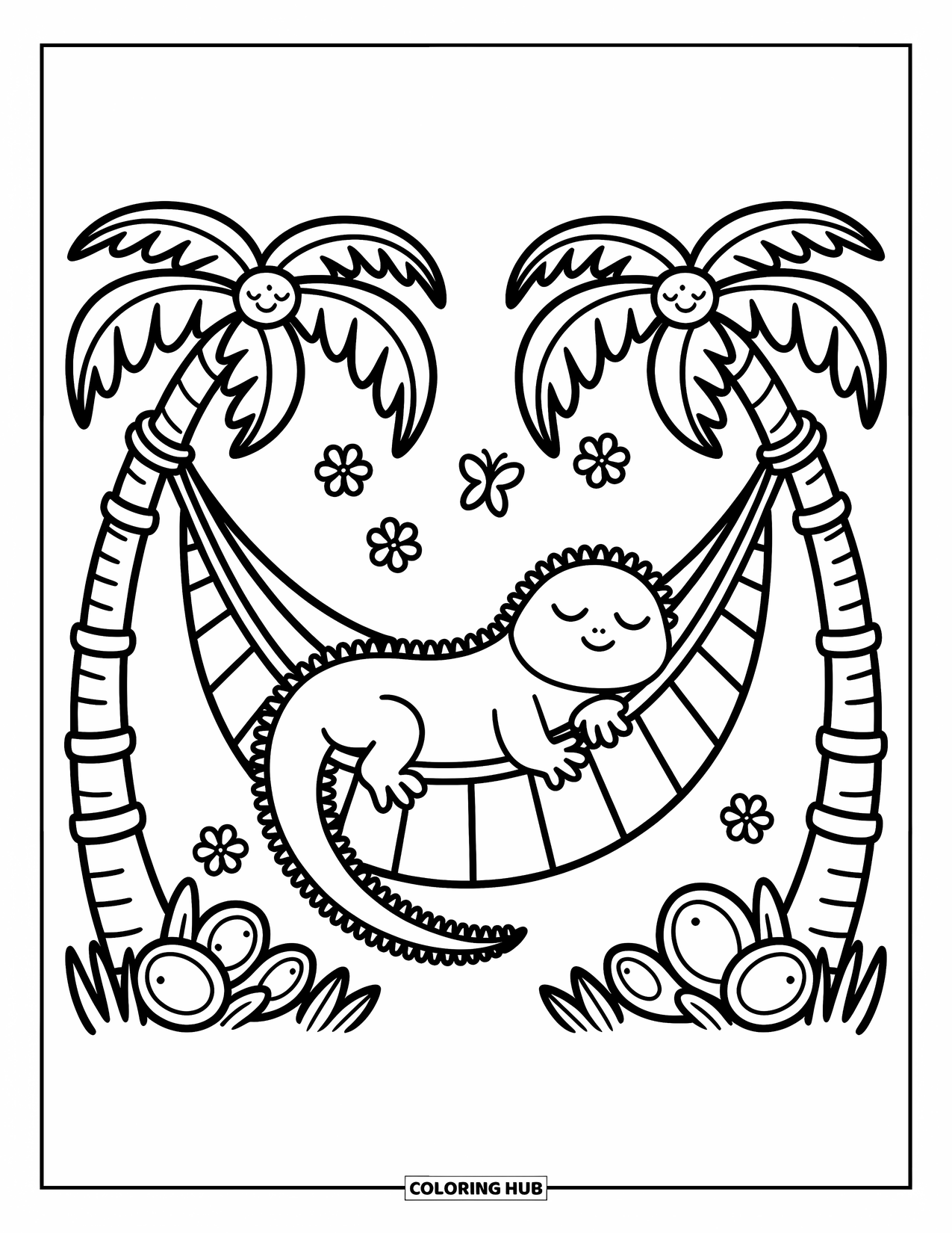 Iguana Coloring Page for Adults: Curled iguana rests in a leaf hammock under trees with coconuts and butterflies