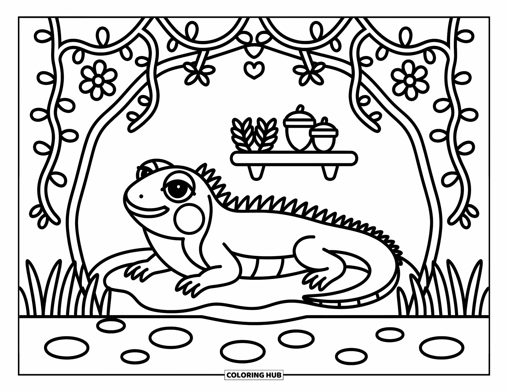 Iguana Coloring Page for Adults: Happy iguana lounges in a mossy cave with vines and star-shaped pebbles