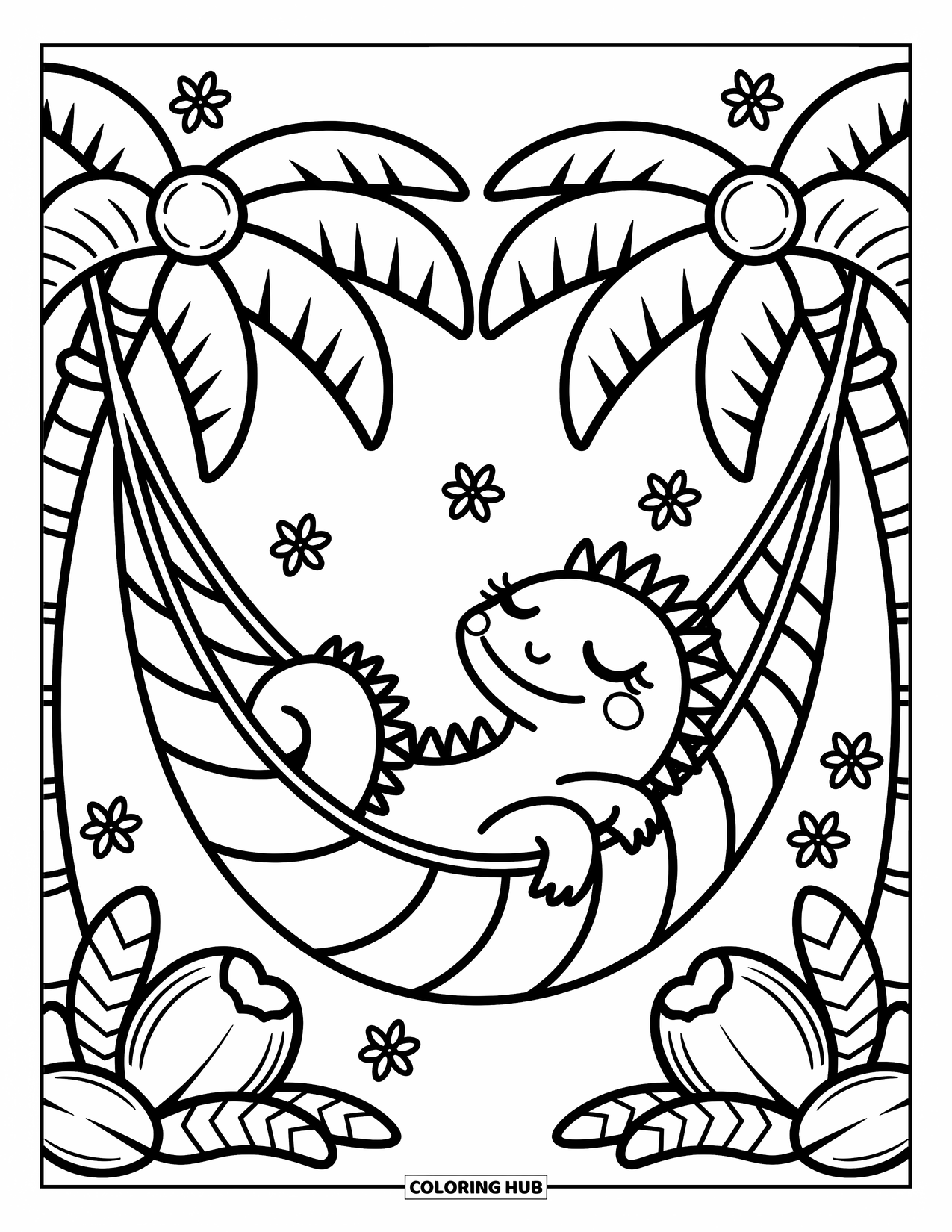 Iguana Coloring Page for Adults: Happy iguana sleeps in a leaf hammock between palm trees with floating flowers