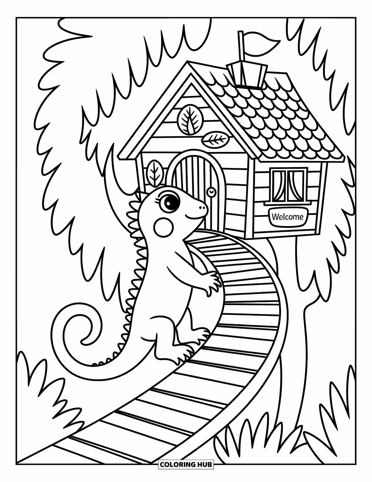 Iguana Coloring Page for Adults: Iguana climbs toward a cozy treehouse with a leaf-shaped welcome sign