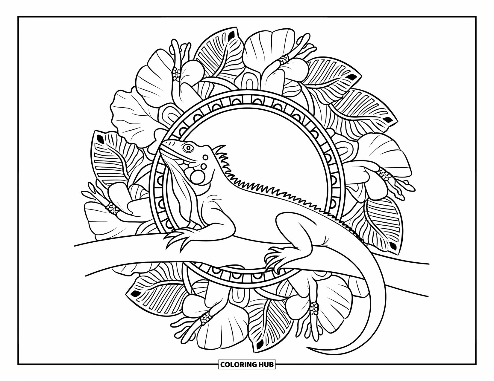 Iguana Coloring Page for Adults: Iguana is framed by a full floral mandala of hibiscus and monstera leaves