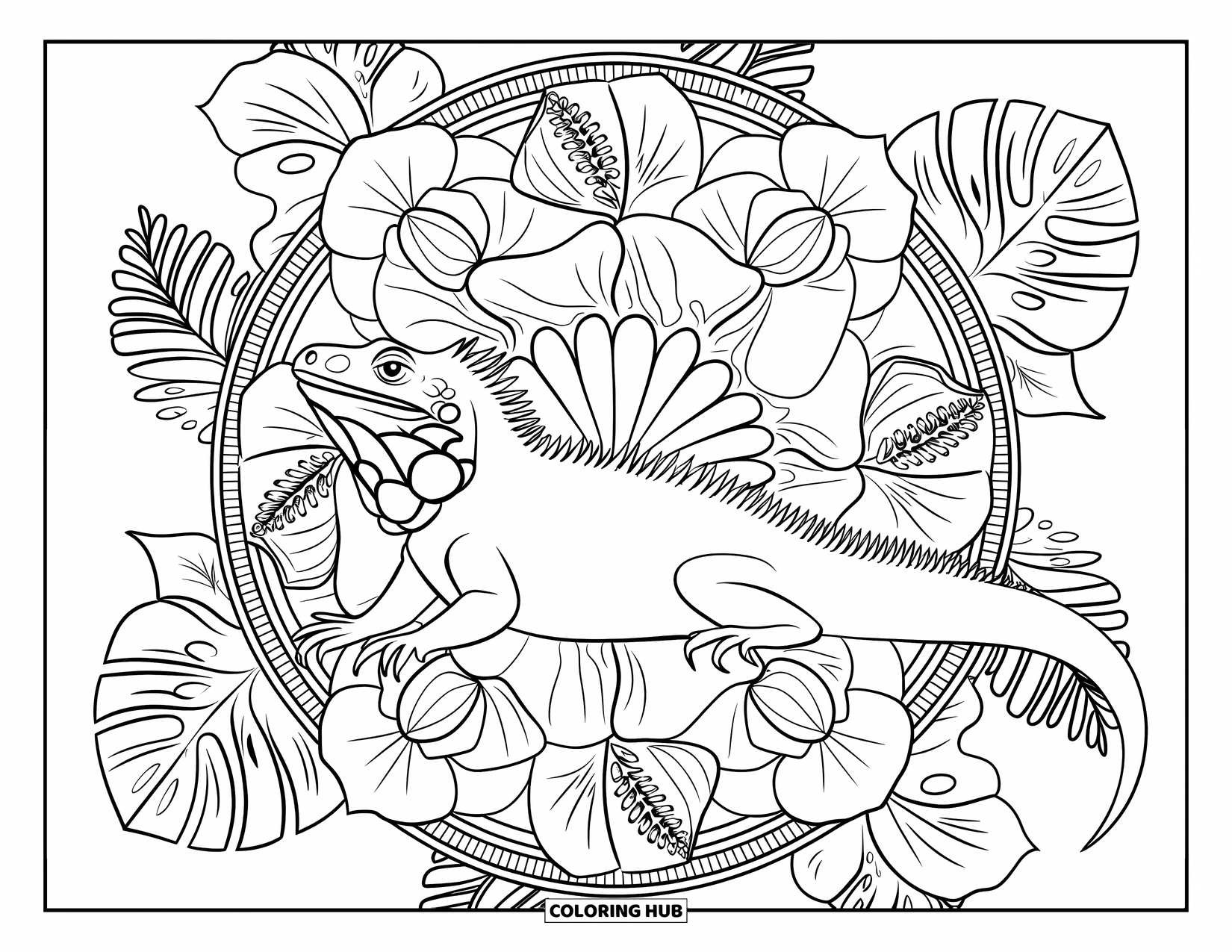 Iguana Coloring Page for Adults: Iguana lounges peacefully inside a detailed mandala of jungle leaves