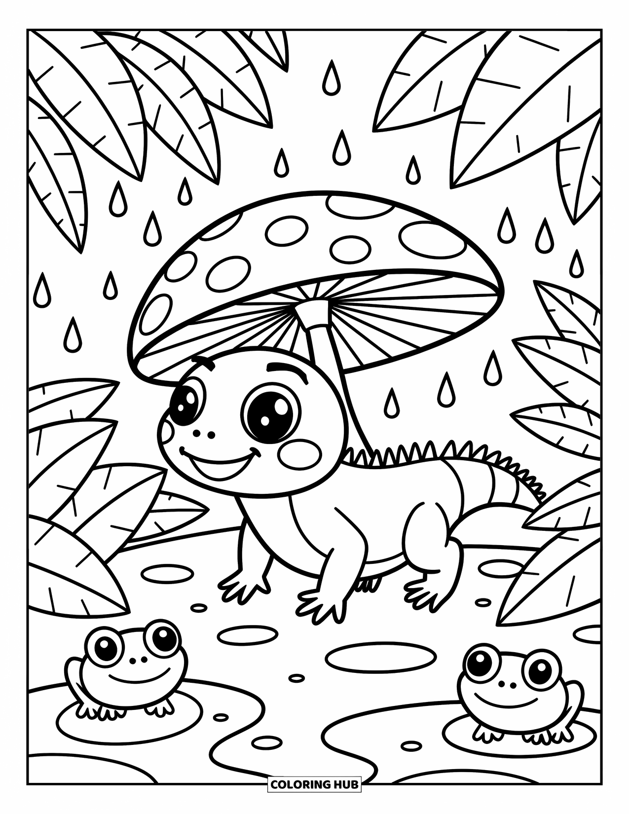 Iguana Coloring Page for Adults: Iguana walks through raindrops with frogs and a mushroom umbrella