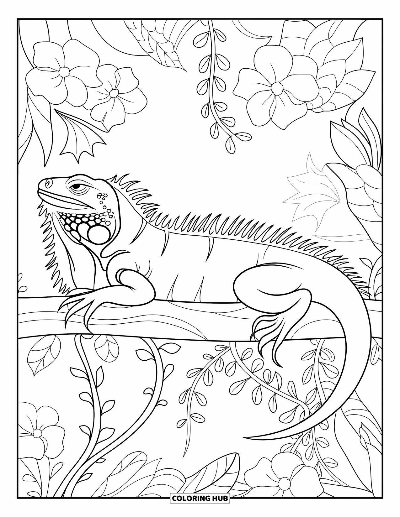 Iguana Coloring Page for Adults: Iguana with closed eyes lounges among bold jungle flowers and vines