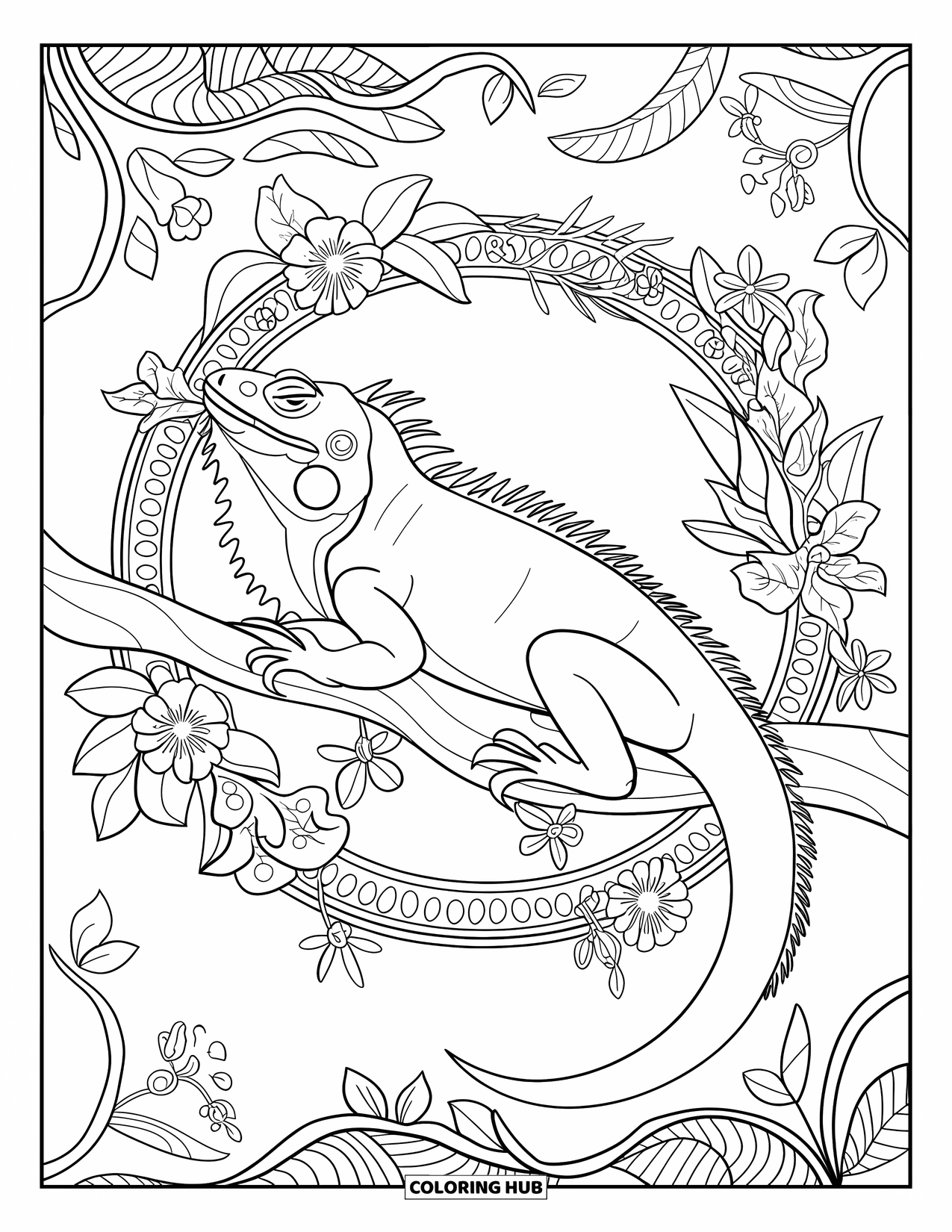 Iguana Coloring Page for Adults: Peaceful iguana sits on a branch with floral vines all around