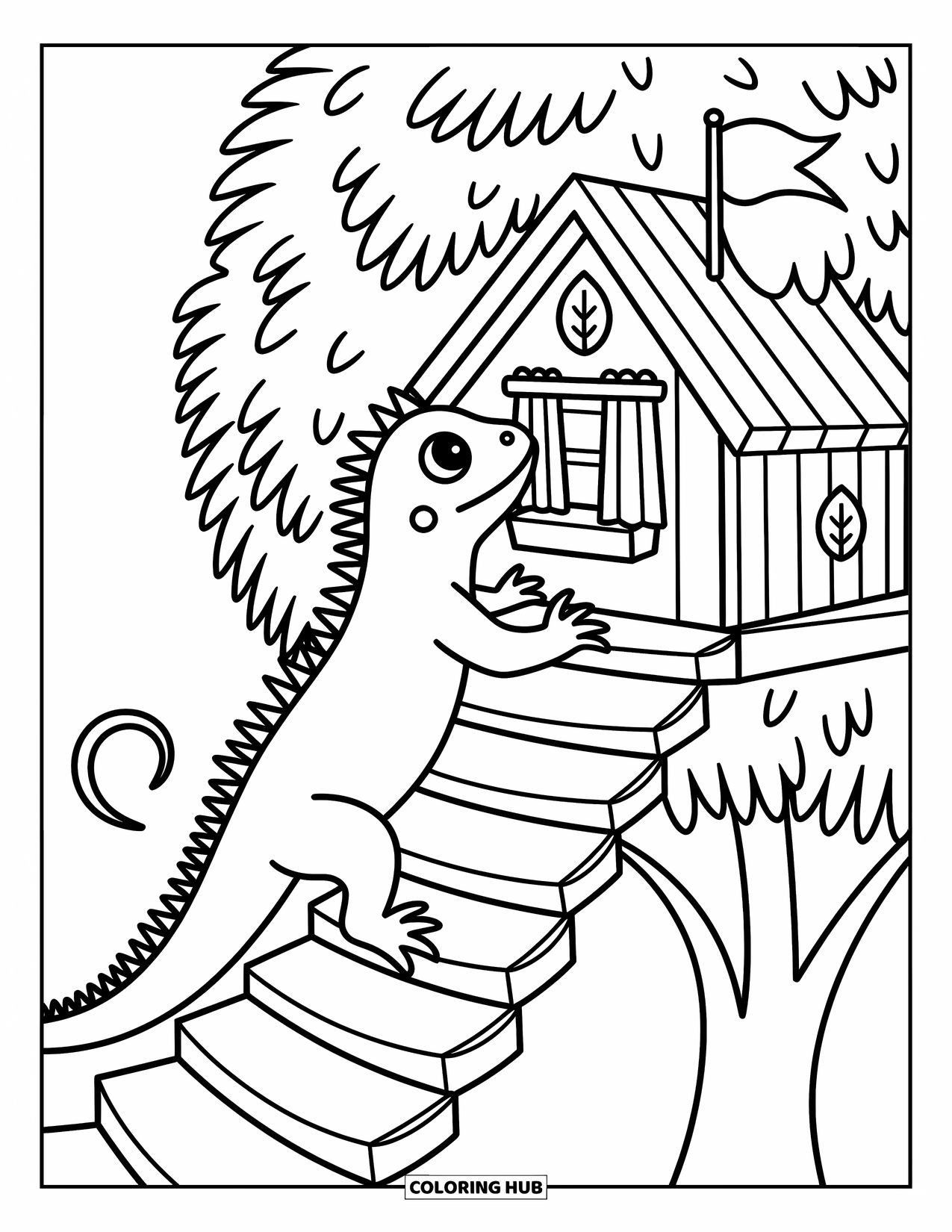 Iguana Coloring Page for Adults: Playful iguana climbs a spiral ramp to a treehouse with curtains and a flag
