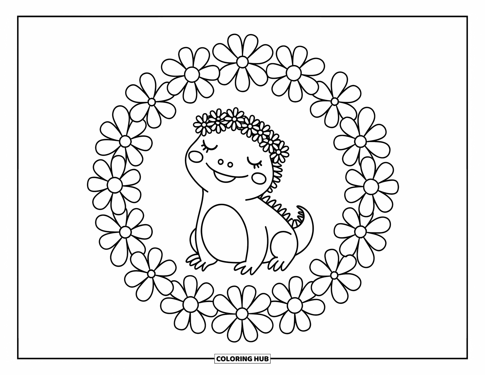 Iguana Coloring Page for Adults: Smiling iguana sits in a ring of flowers wearing a handmade crown