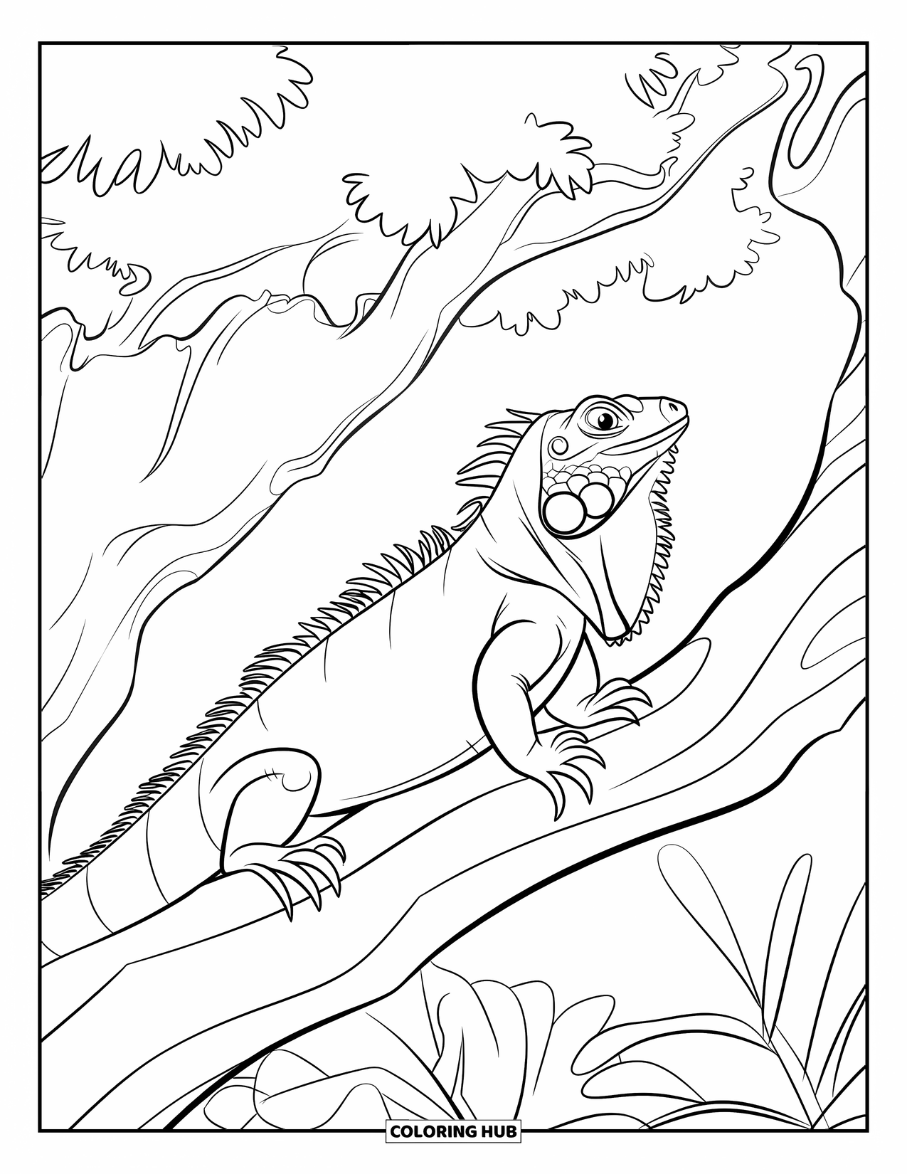 Iguana Coloring Page for Kids: Calm iguana rests on a tree branch, peeking through forest leaves