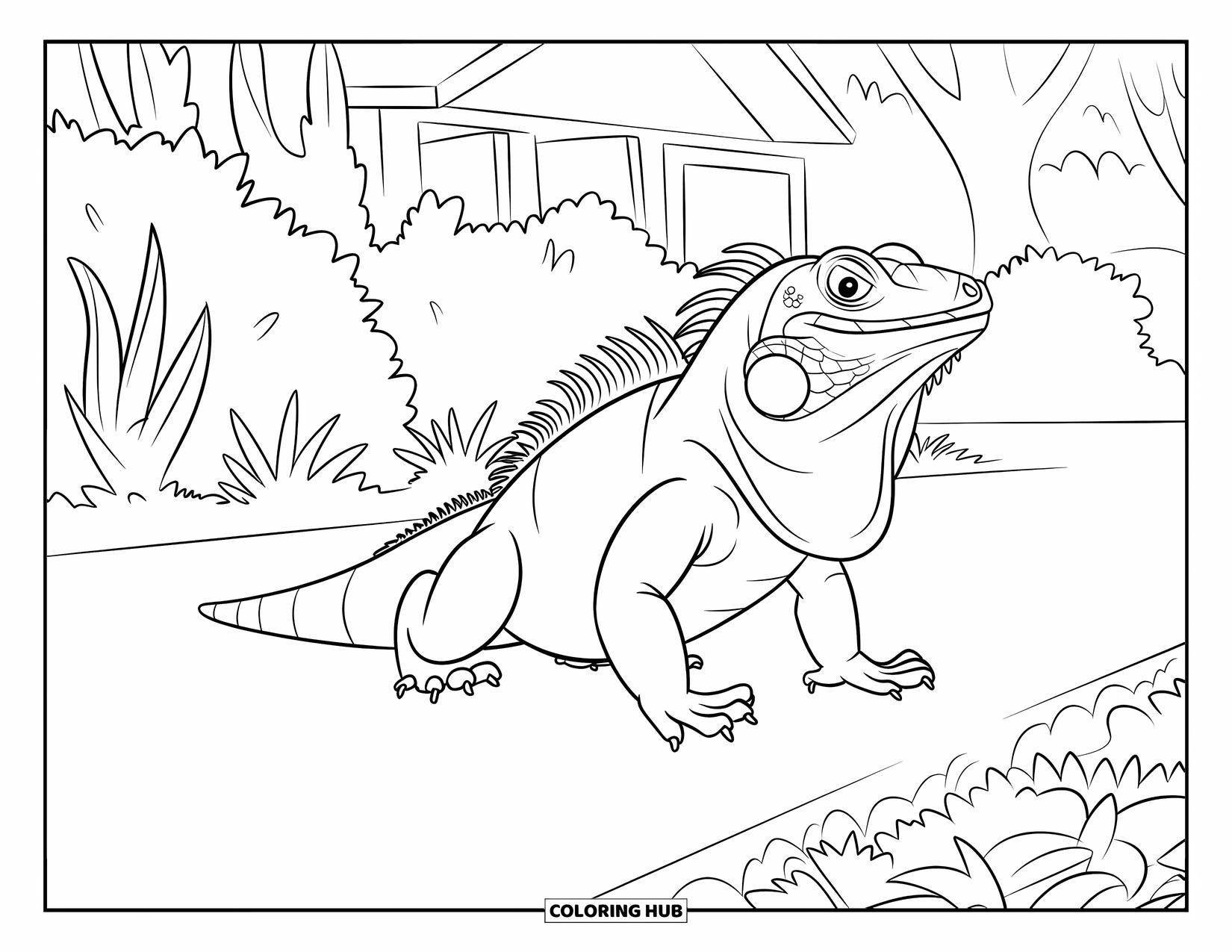 Iguana Coloring Page for Kids: Chunky iguana strolls slowly along a leafy garden path