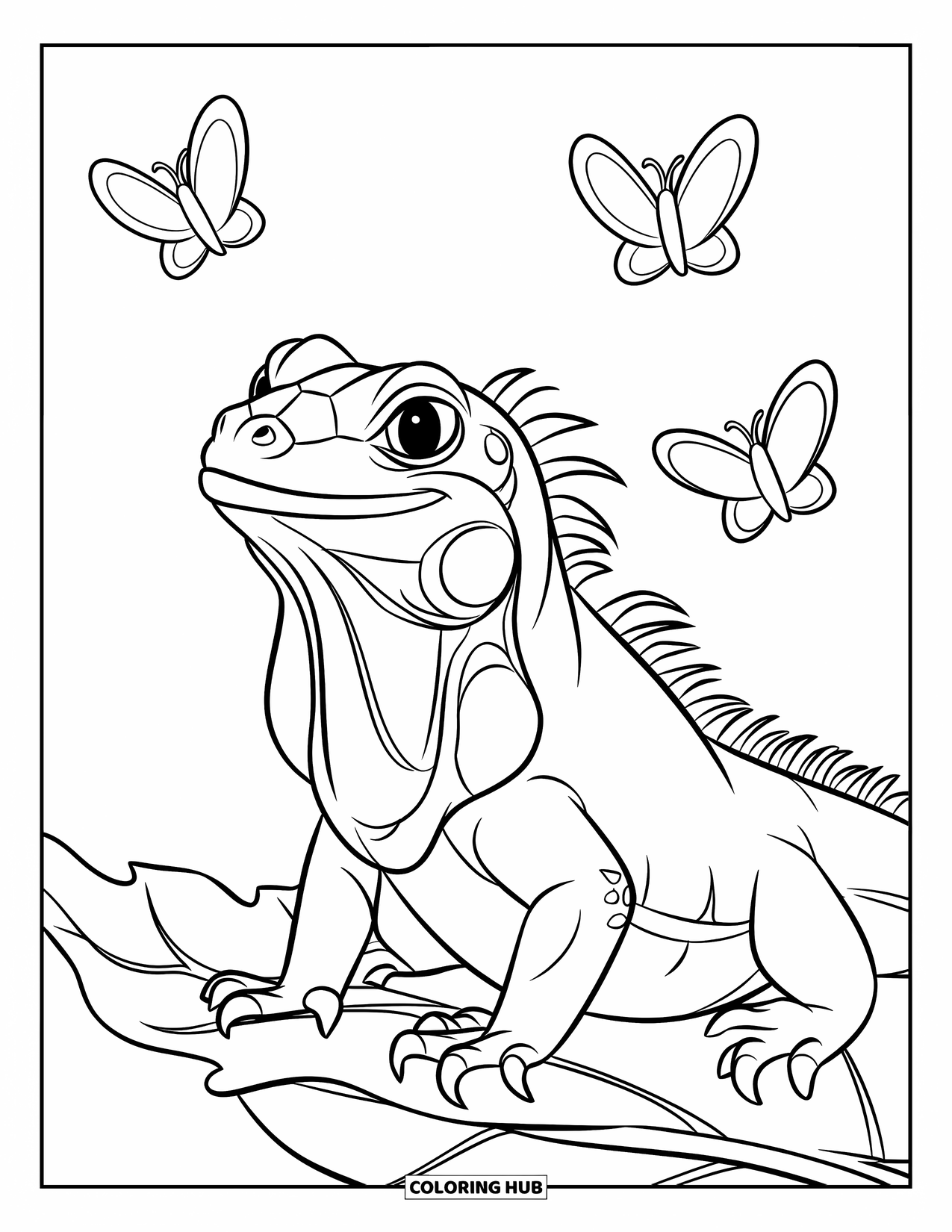 Iguana Coloring Page for Kids: Friendly iguana sits on a leaf with butterflies above