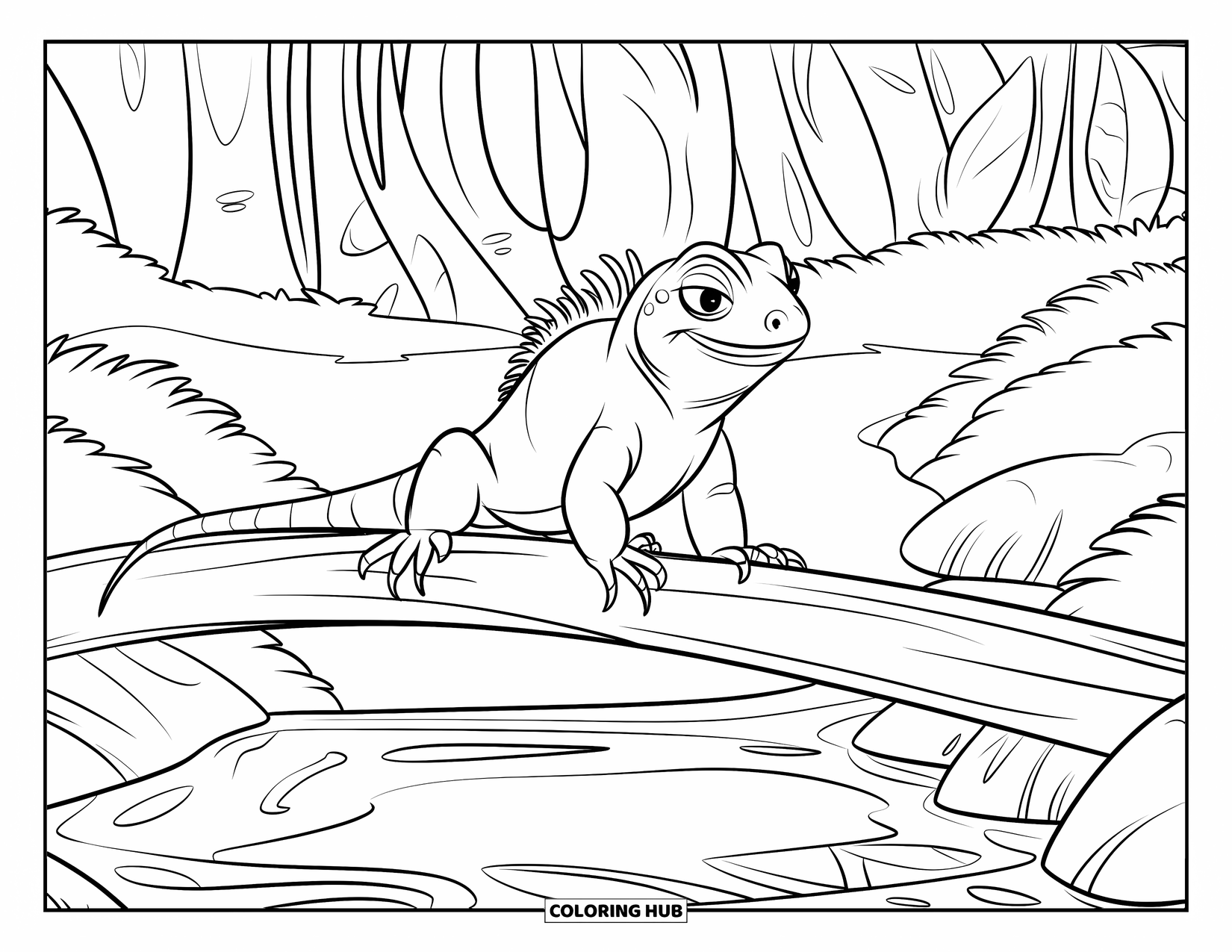 Iguana Coloring Page for Kids: Iguana carefully walks a curved log bridge over gentle water