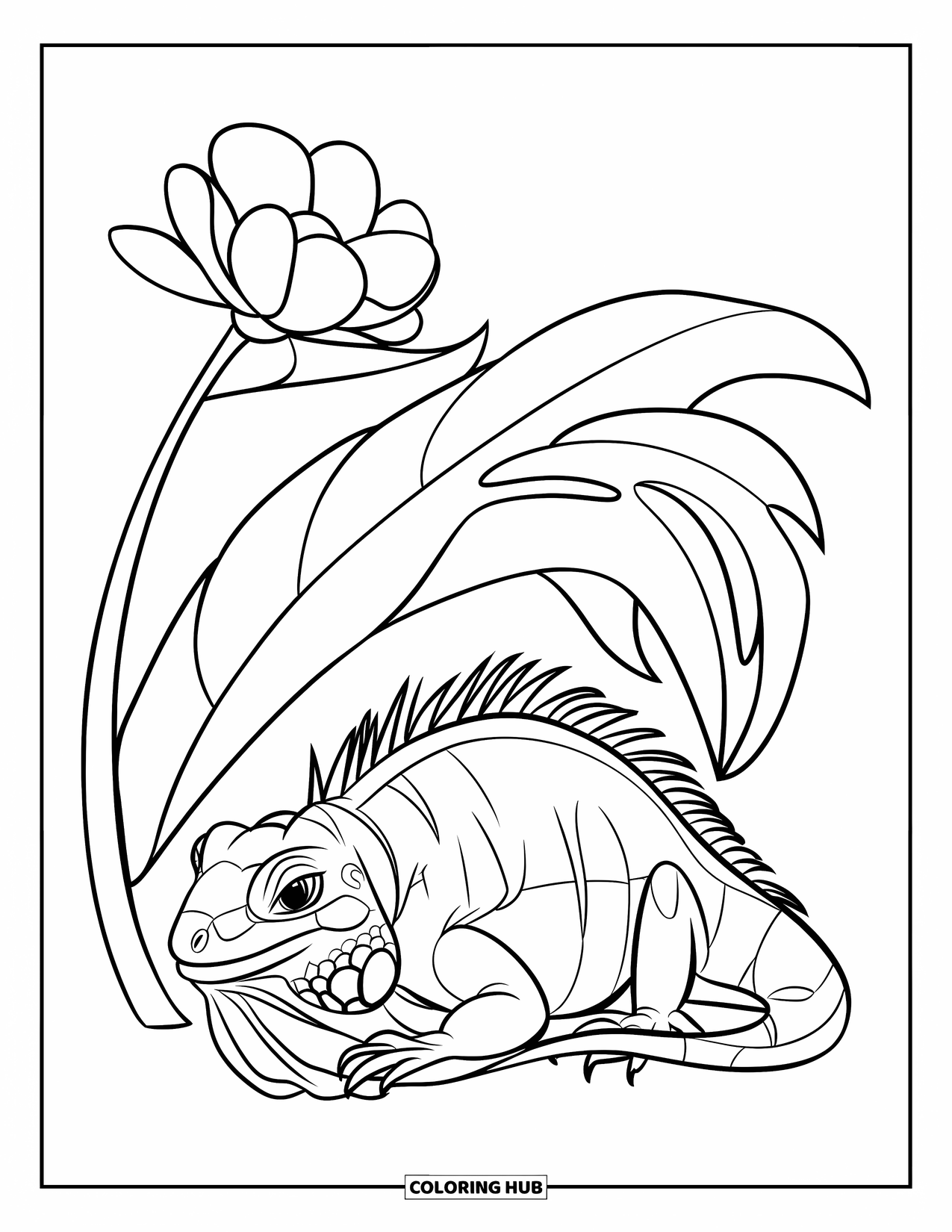 Iguana Coloring Page for Kids: Iguana curls up beneath a leaf beside a bold flower
