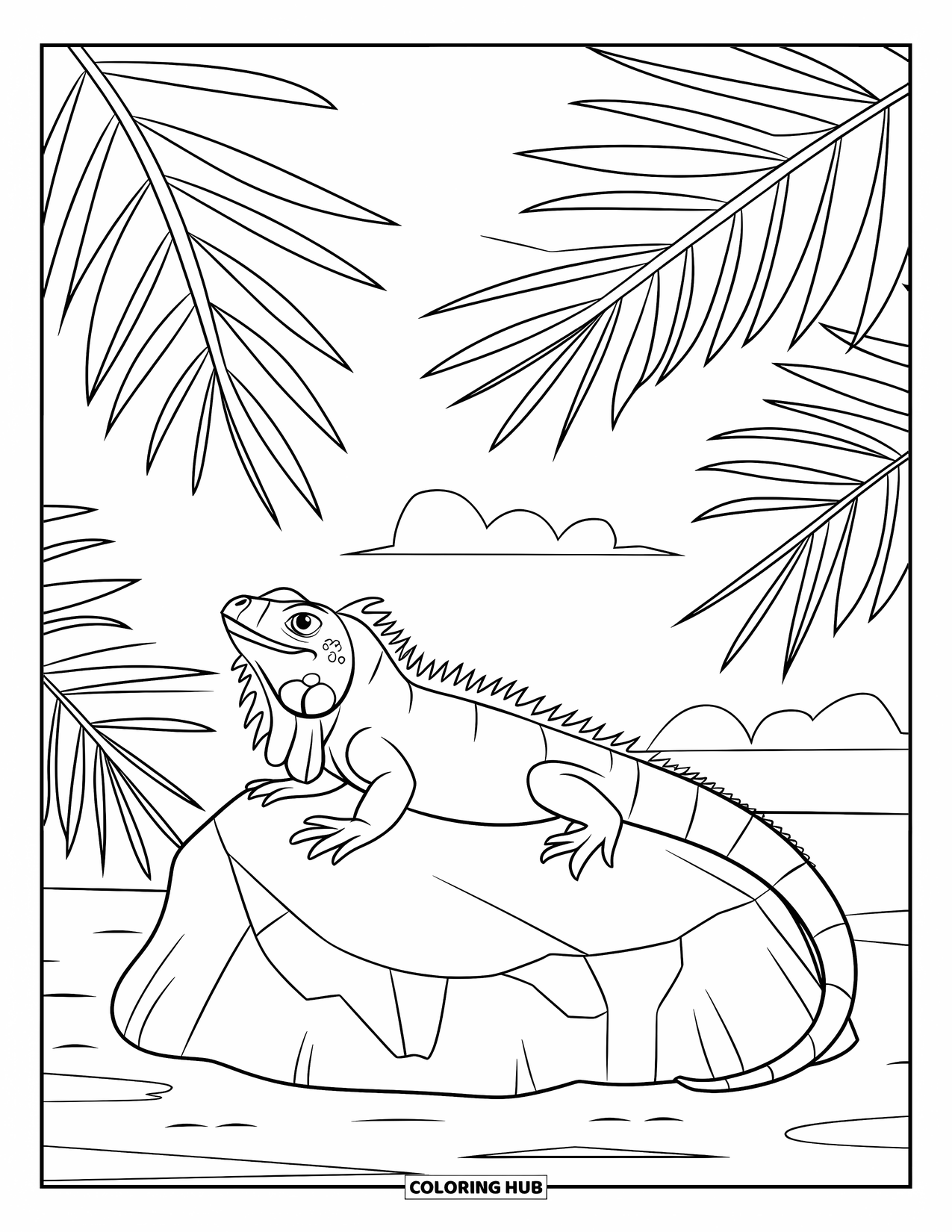 Iguana Coloring Page for Kids: Iguana lounges on a rock under soft palm fronds and sun