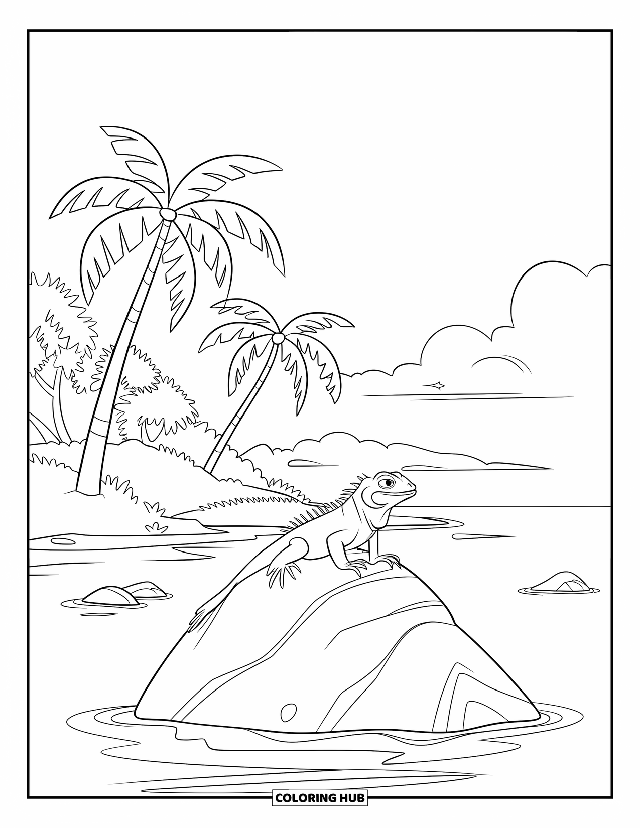 Iguana Coloring Page for Kids: Iguana lounges on a sunlit island rock near gentle waves