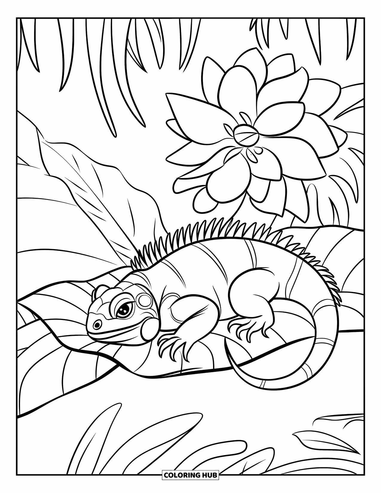 Iguana Coloring Page for Kids: Iguana rests on a stalk under a giant leaf and flower
