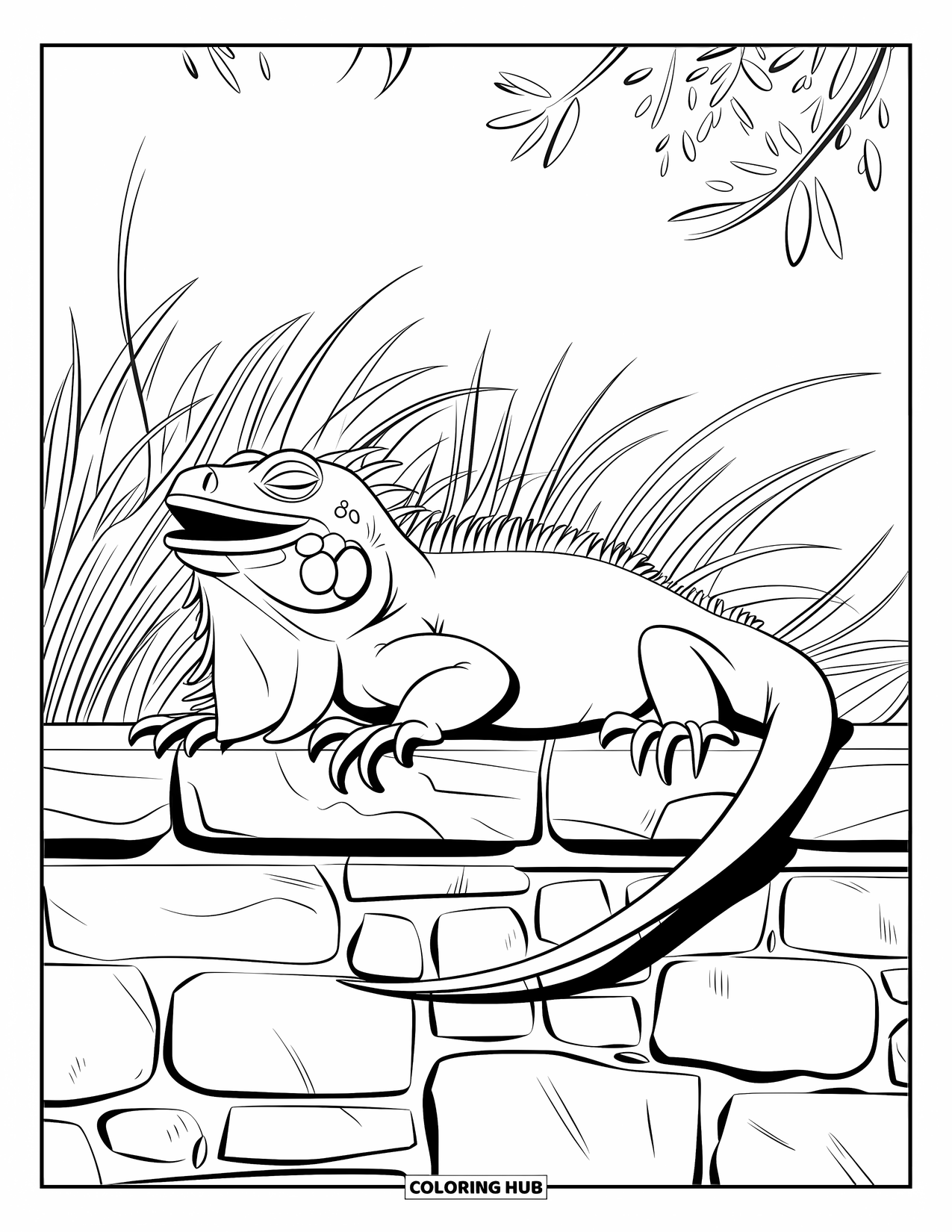 Iguana Coloring Page for Kids: Iguana sunbathes on cracked stone, tail curled through soft grass