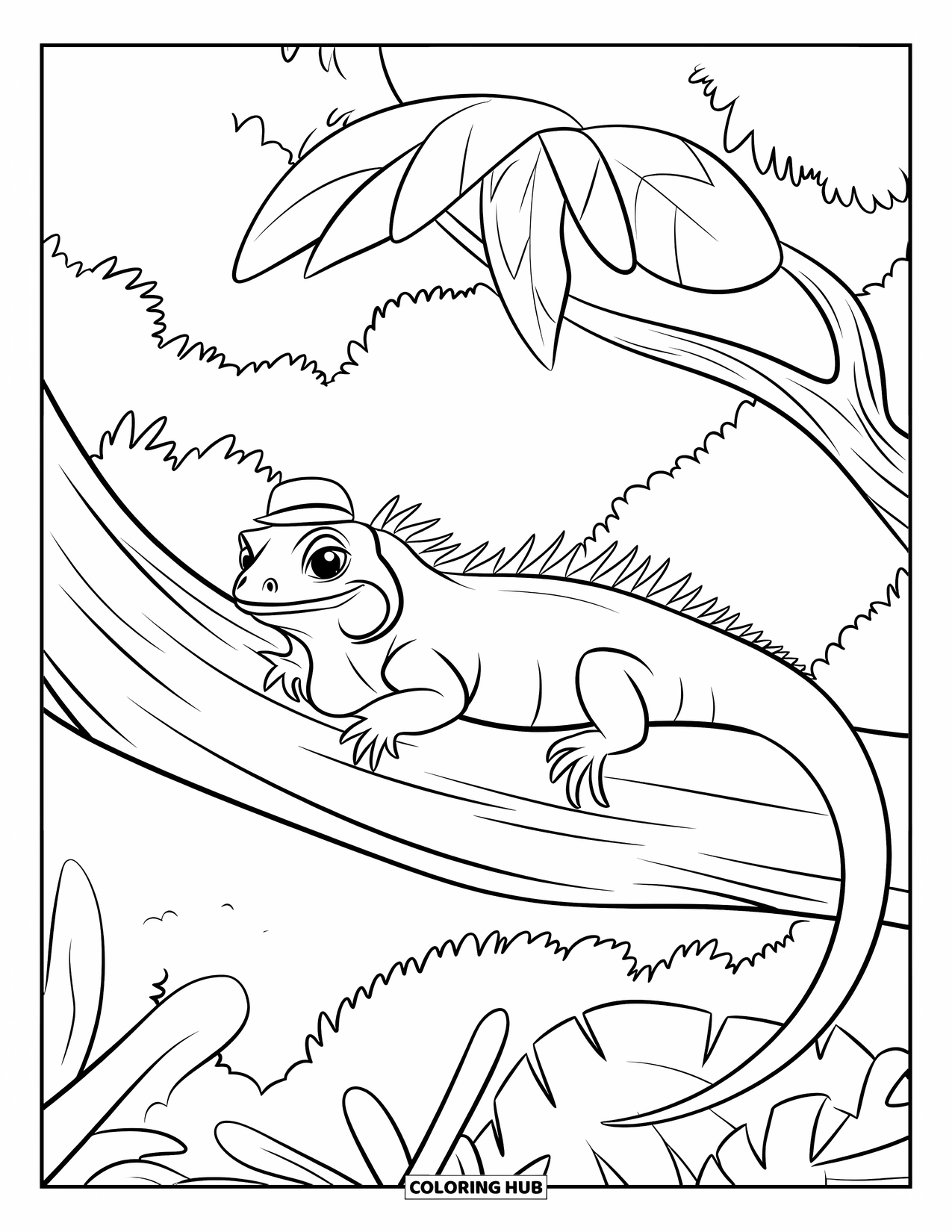 Iguana Coloring Page for Kids: Iguana with a sweet grin lounges on a big branch