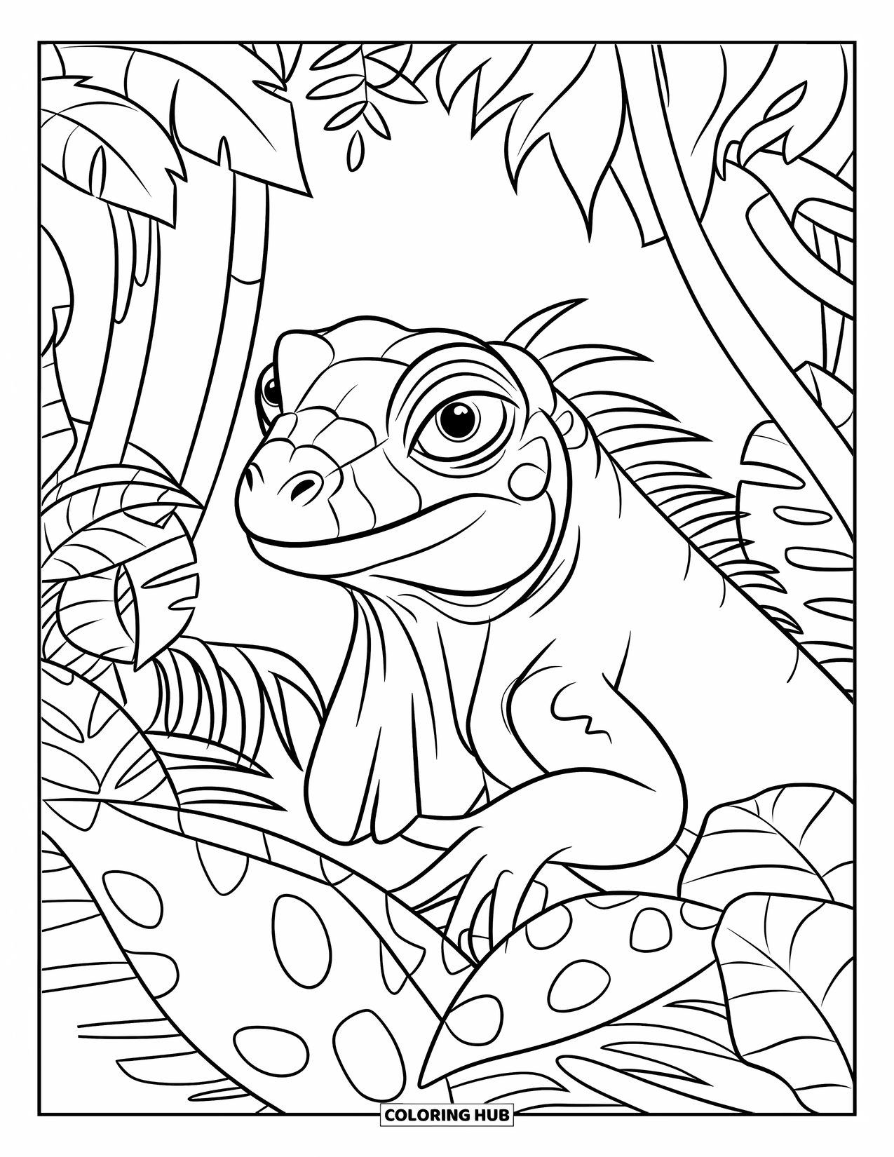 Iguana Coloring Page for Kids: Iguana with big eyes peers through round leaves in the jungle