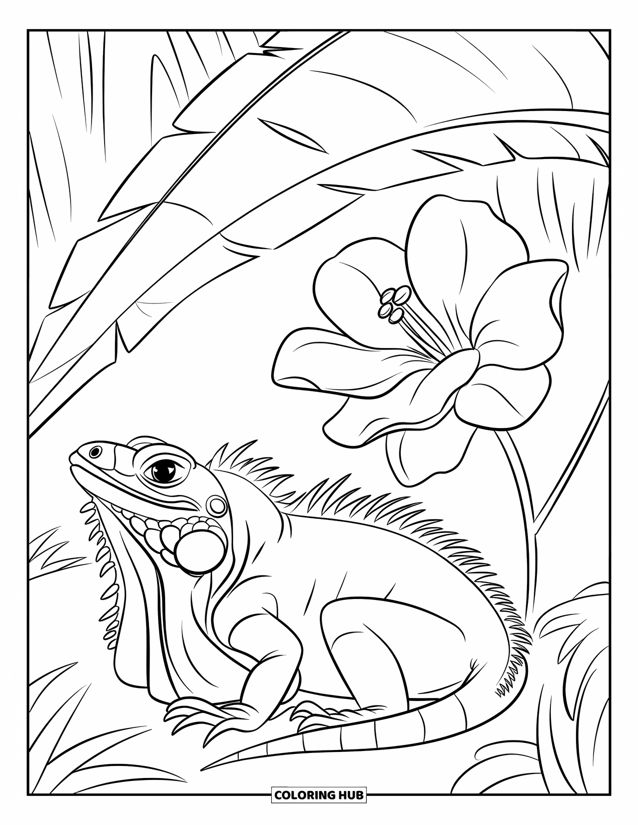 Iguana Coloring Page for Kids: Open-mouthed iguana curls up under leafy shade