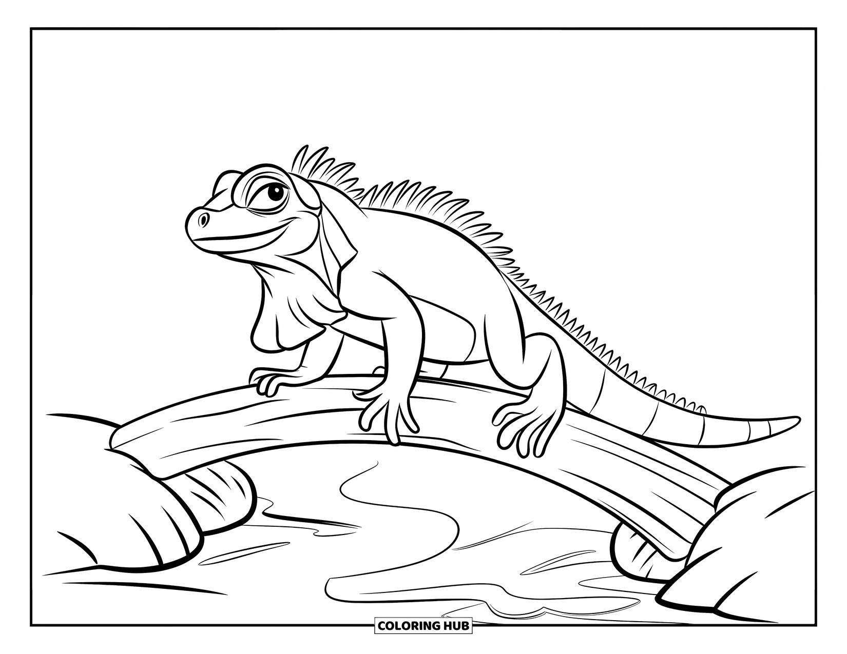 Iguana Coloring Page for Kids: Playful iguana walks across a log bridge over a forest stream
