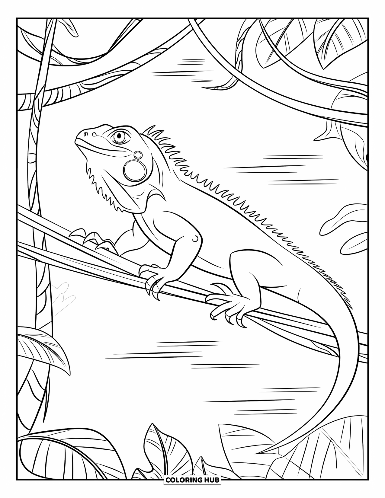 Iguana Coloring Page for Kids: Sharp-toothed iguana climbs jungle vines with wind-blown leaves