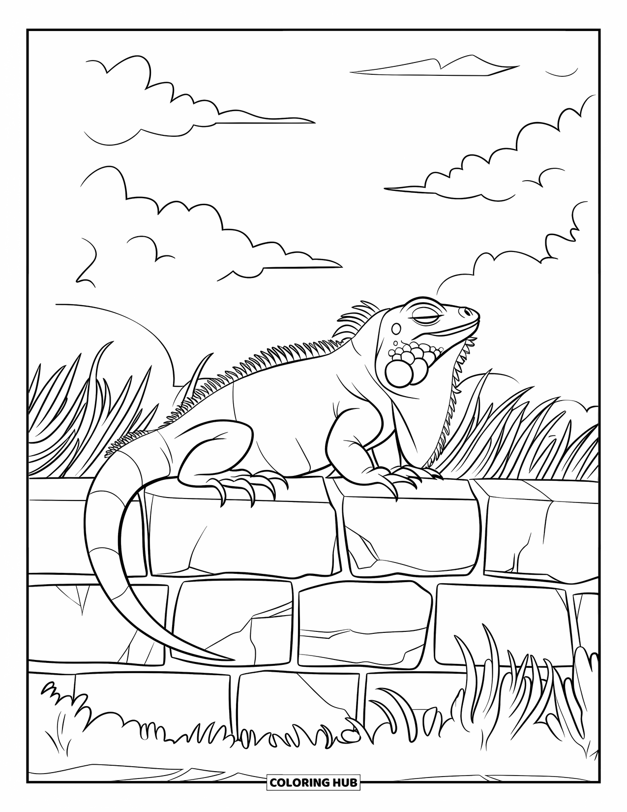 Iguana Coloring Page for Kids: Sleepy iguana basks on a warm stone wall under a sunny sky