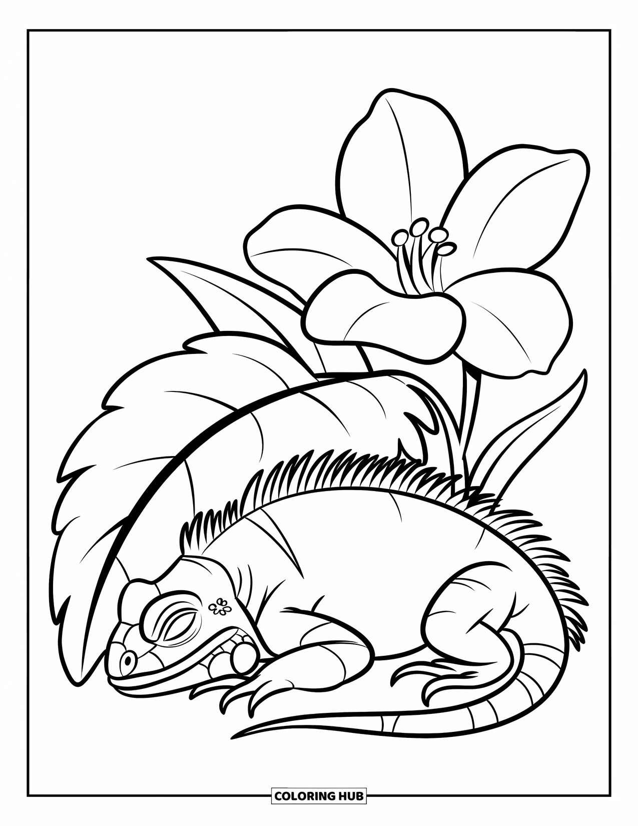 Iguana Coloring Page for Kids: Snug iguana naps under a big leaf and flower