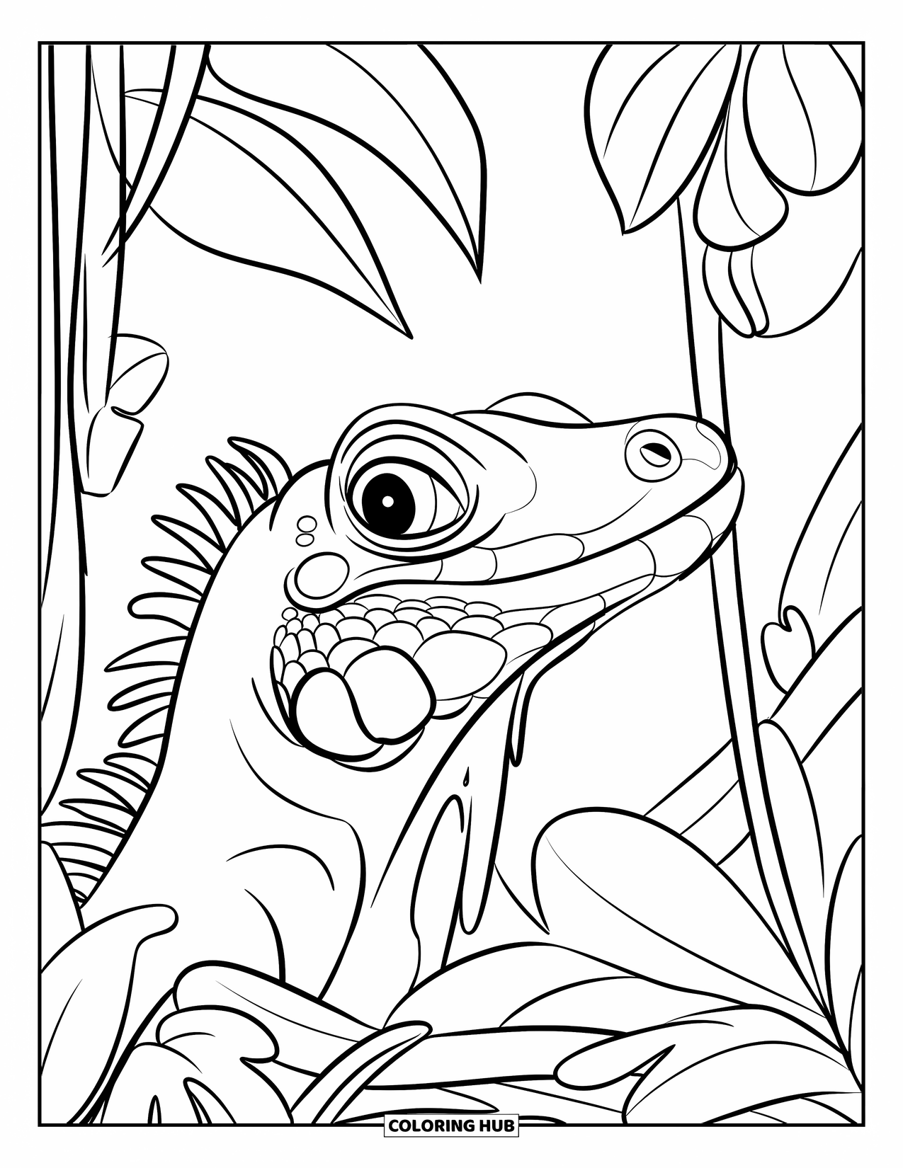 Iguana Coloring Page for Kids: Wide-eyed iguana peeks through lush plants in a deep jungle