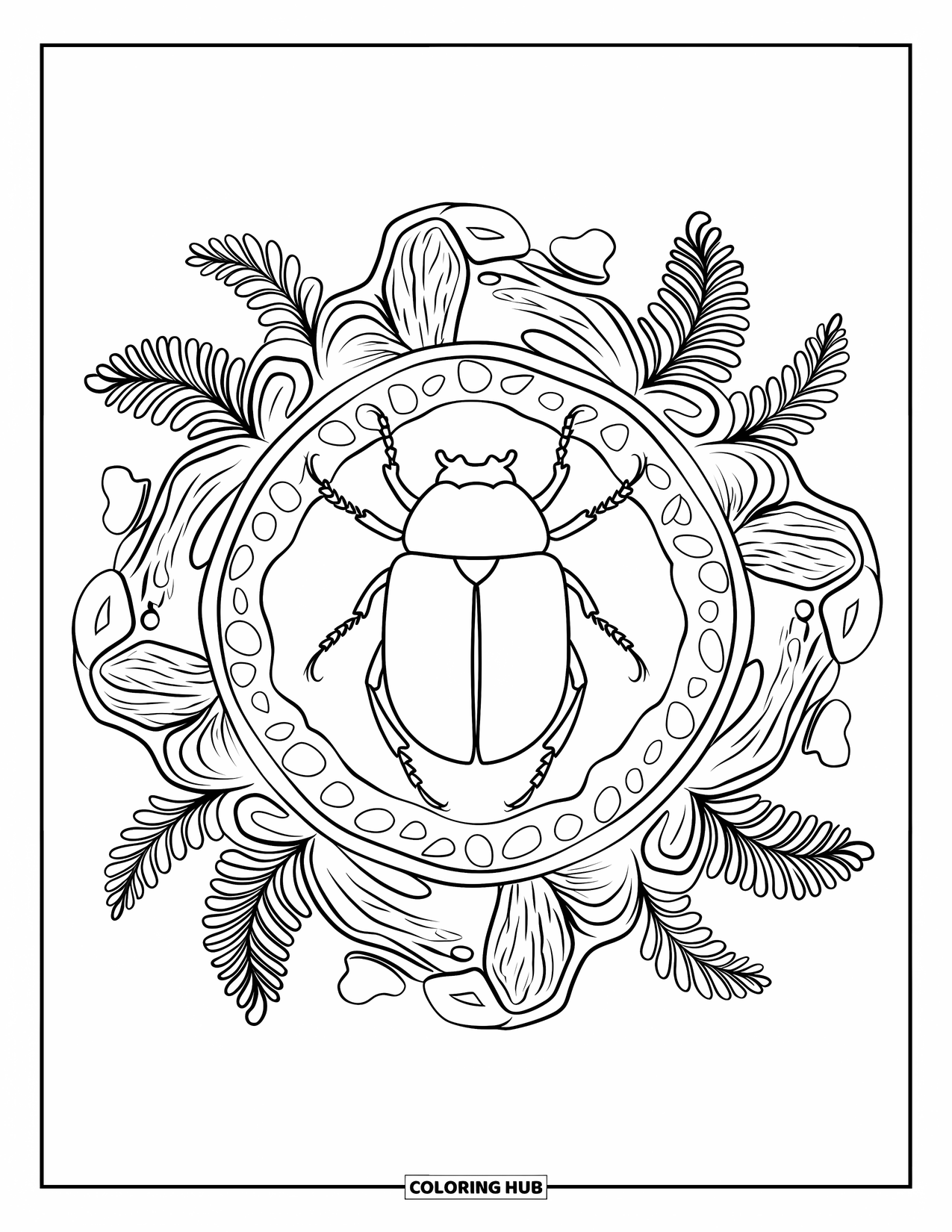 Insects Coloring Page for Adults: A beetle is centered in a forest-style mandala of bark, ferns, and pebbles