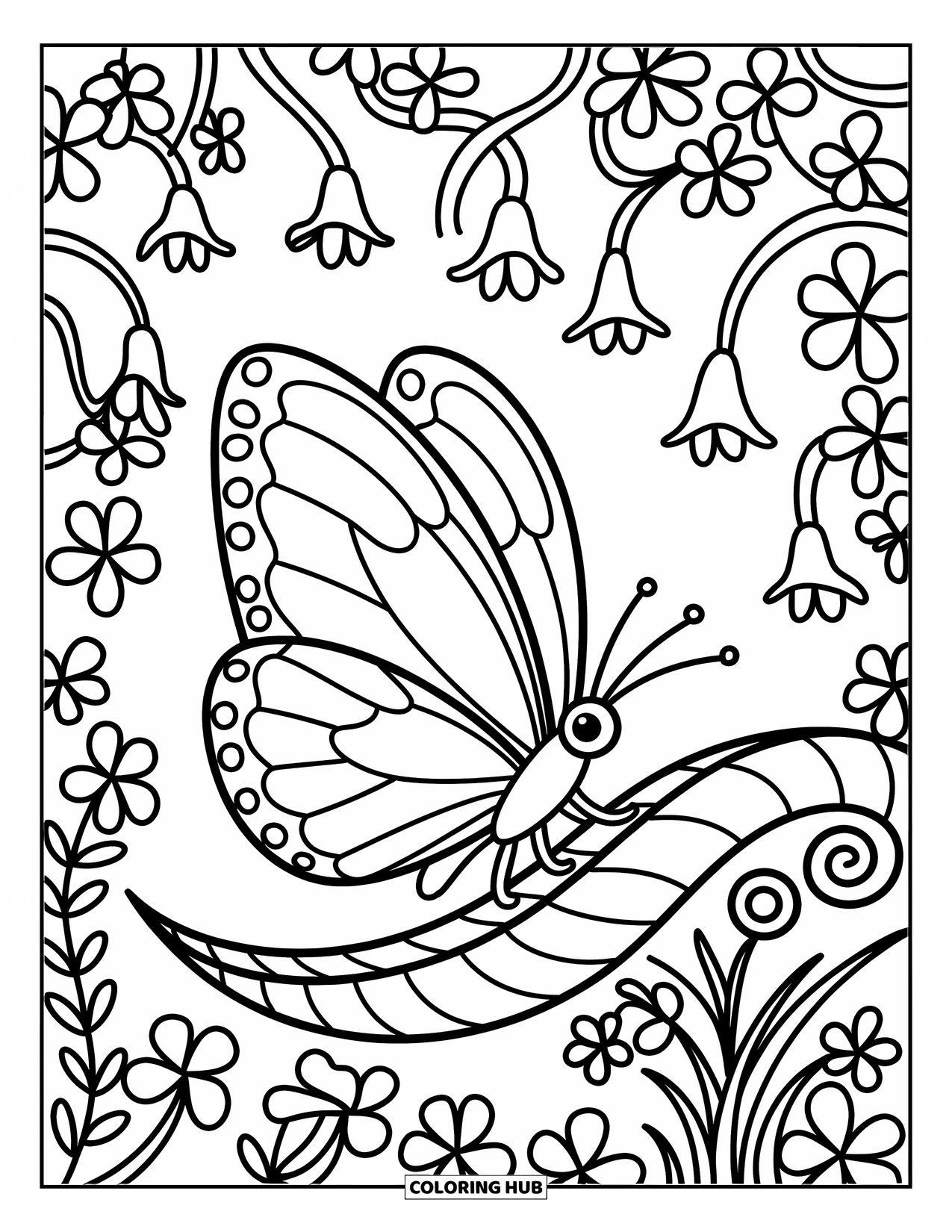 Insects Coloring Page for Adults: A gentle butterfly sits on a leaf near clover and drooping forest flowers
