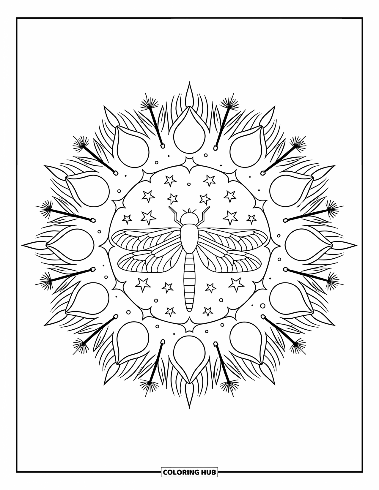 Insects Coloring Page for Adults: A glowing firefly is centered in a mandala filled with stars and dandelions