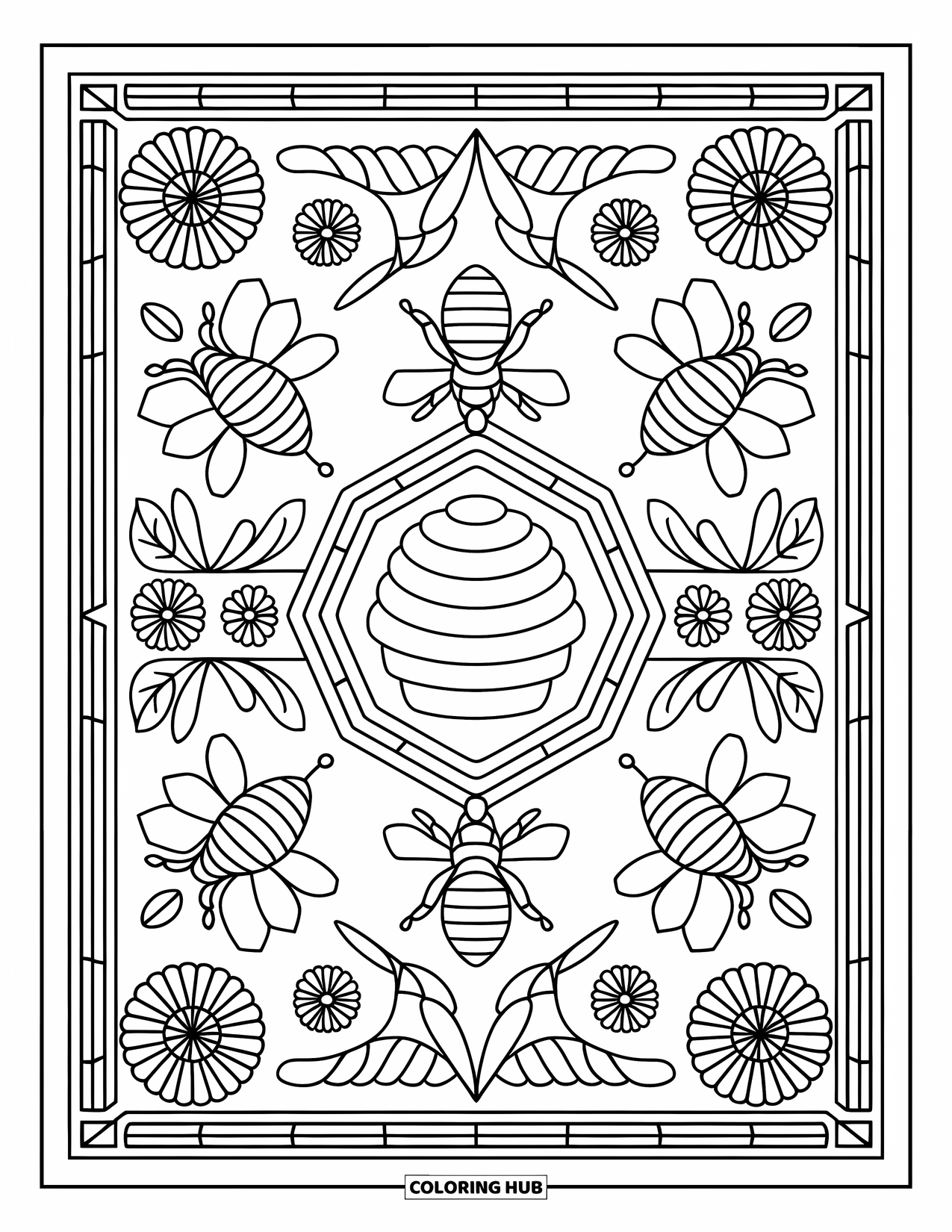 Insects Coloring Page for Adults: A hive mandala with bees and flowers is surrounded by a decorative border