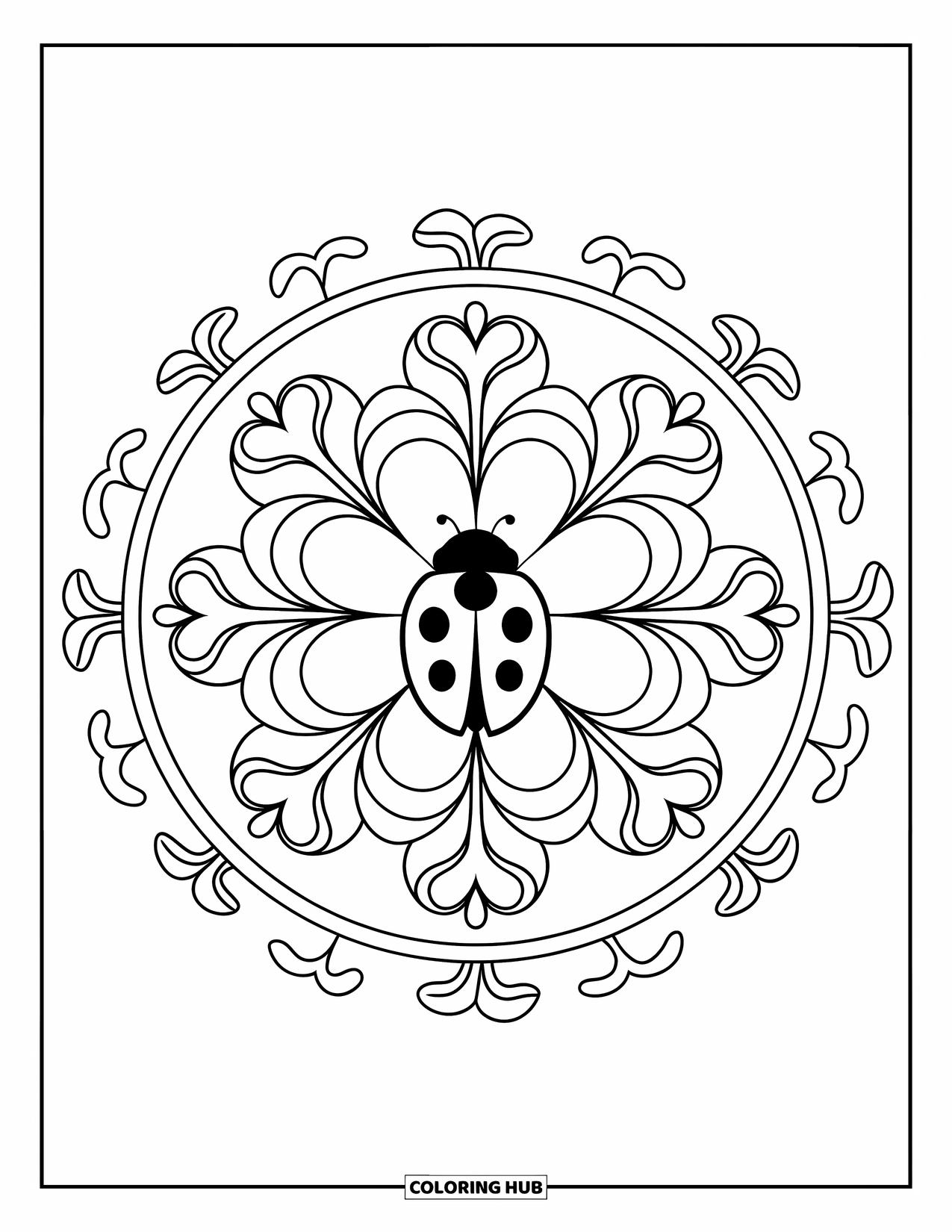 Insects Coloring Page for Adults: A ladybug is framed by a floral mandala with clovers and curving stems