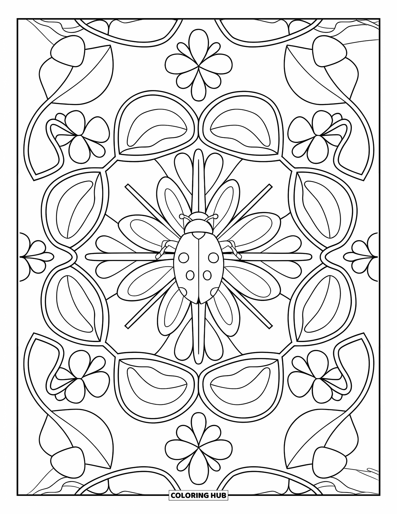 Insects Coloring Page for Adults: A ladybug sits in the center of a mandala made of petals and clovers