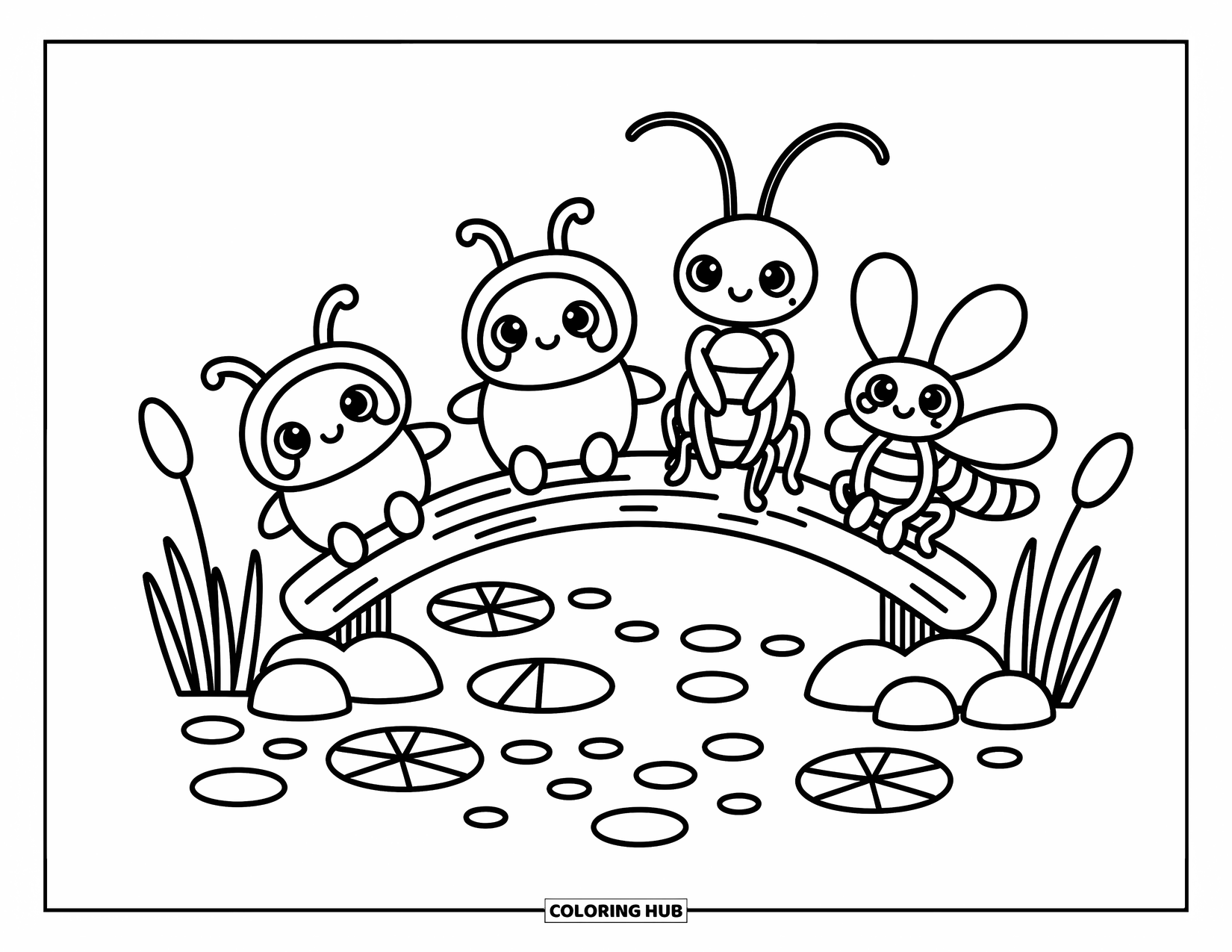 Insects Coloring Page for Adults: A log bridge holds four cute insects above a pebble-filled stream