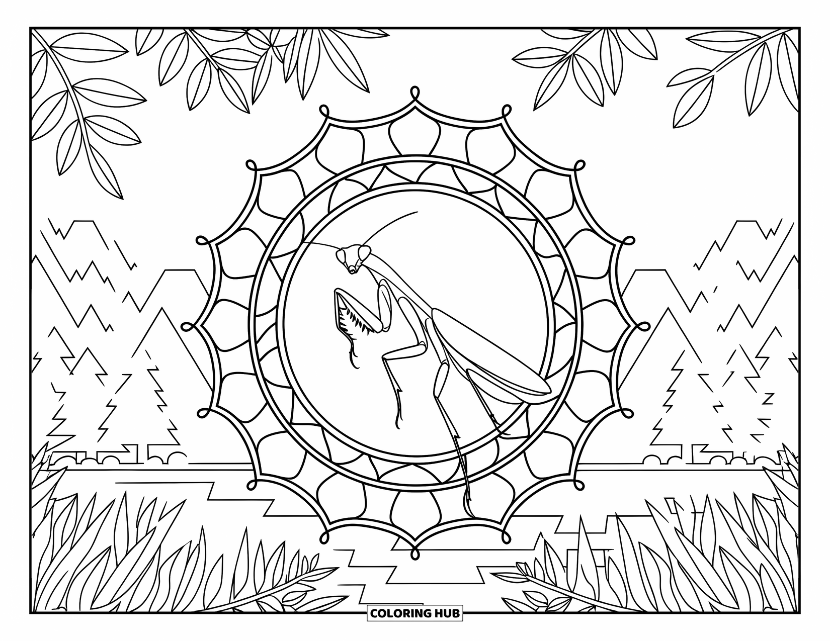Insects Coloring Page for Adults: A mantis appears within a geometric mandala of sharp foliage and peaceful scenery