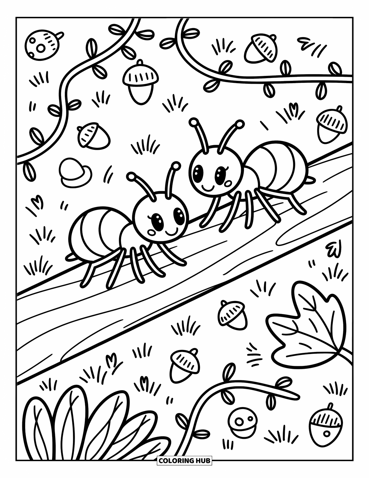 Insects Coloring Page for Adults: Ants march down a log in a forest filled with cozy, tiny details