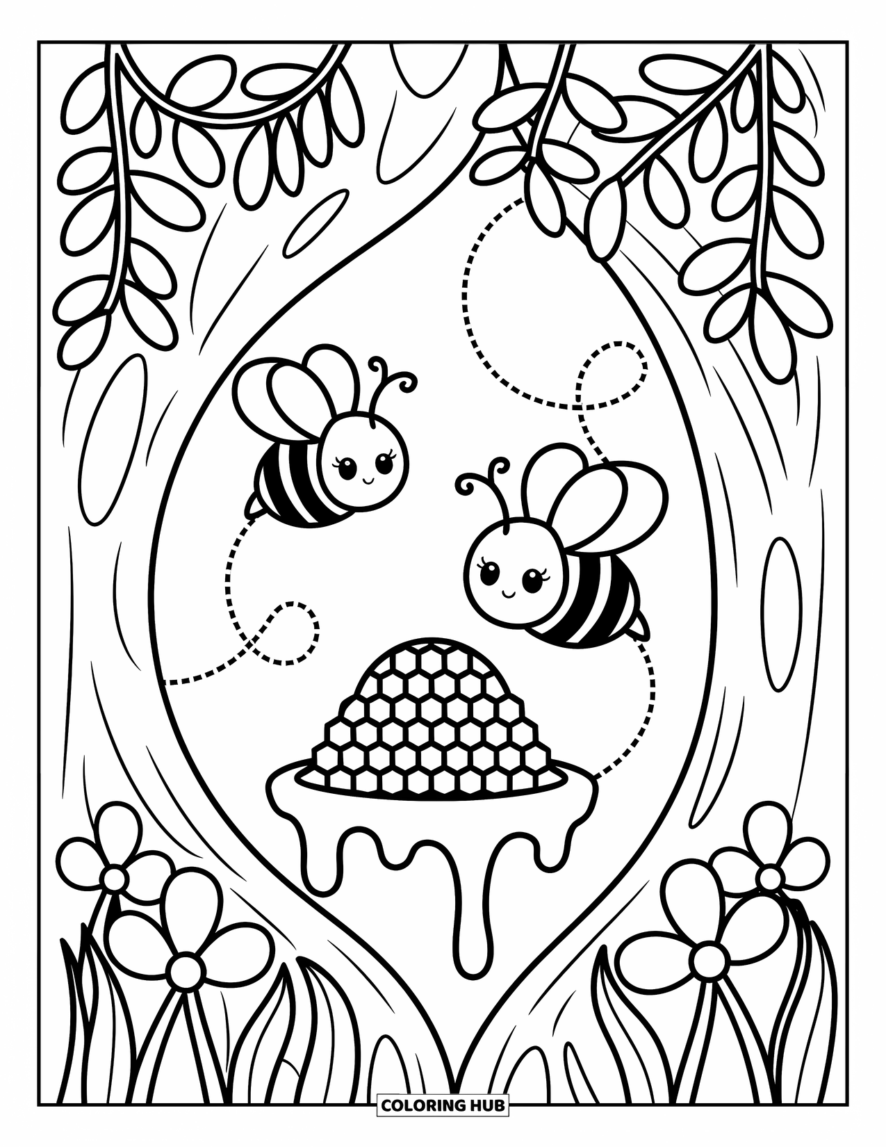Insects Coloring Page for Adults: Bees float near a dripping honeycomb framed by leafy branches and wildflowers