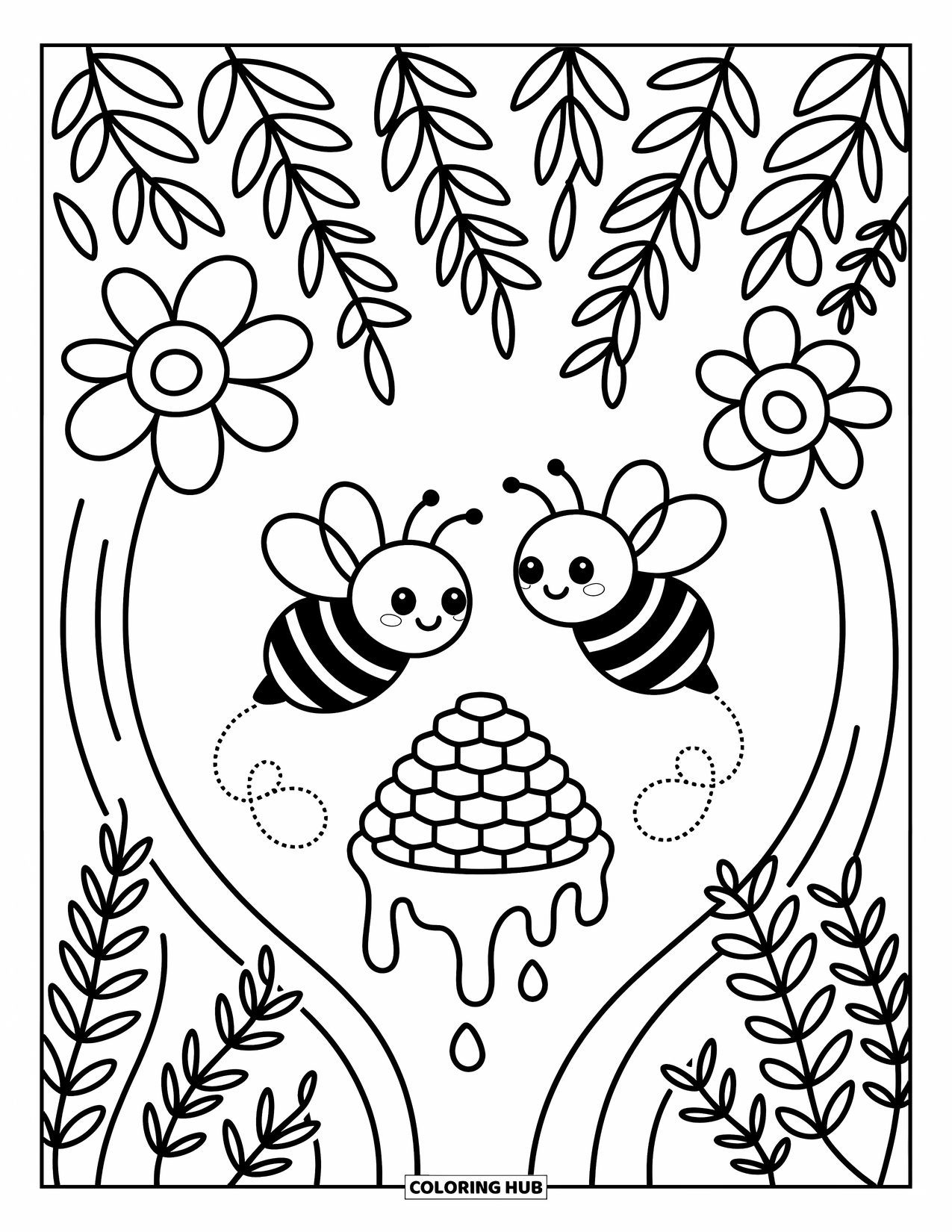 Insects Coloring Page for Adults: Bees with looped trails visit a honeycomb in a cozy flower-filled forest