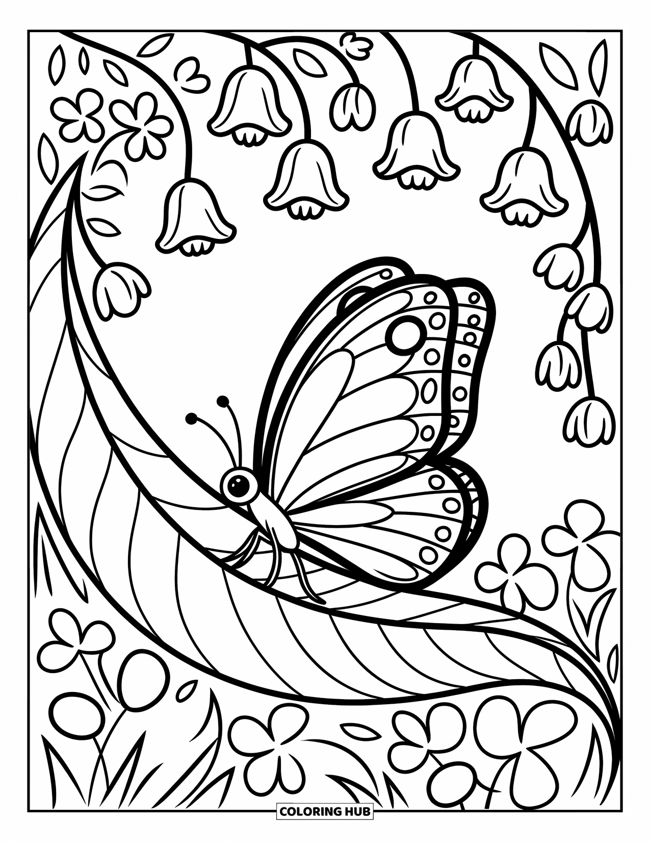 Insects Coloring Page for Adults: Butterfly with folded wings perches peacefully on a leaf in a cozy forest
