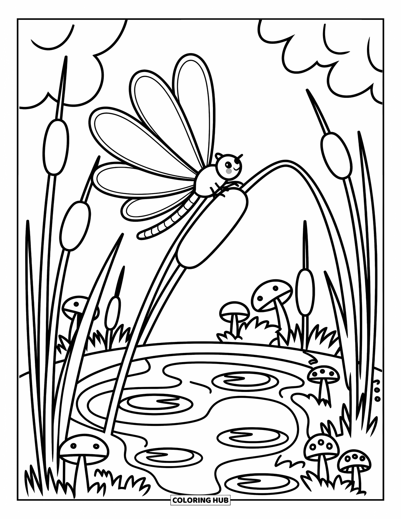Insects Coloring Page for Adults: Delicate dragonfly rests near lily pads, flowers, and tiny mushrooms by the pond