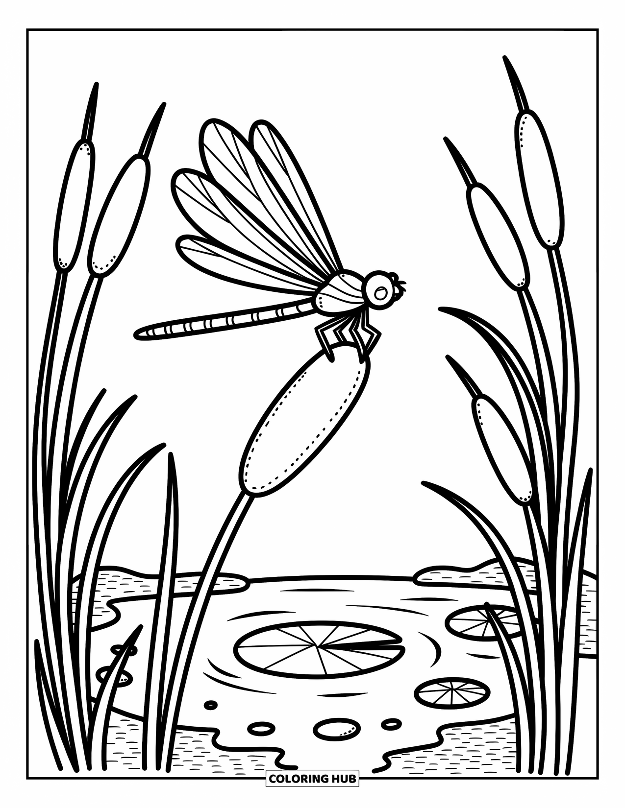 Insects Coloring Page for Adults: Dragonfly perches calmly on a cattail beside a pond filled with cozy details