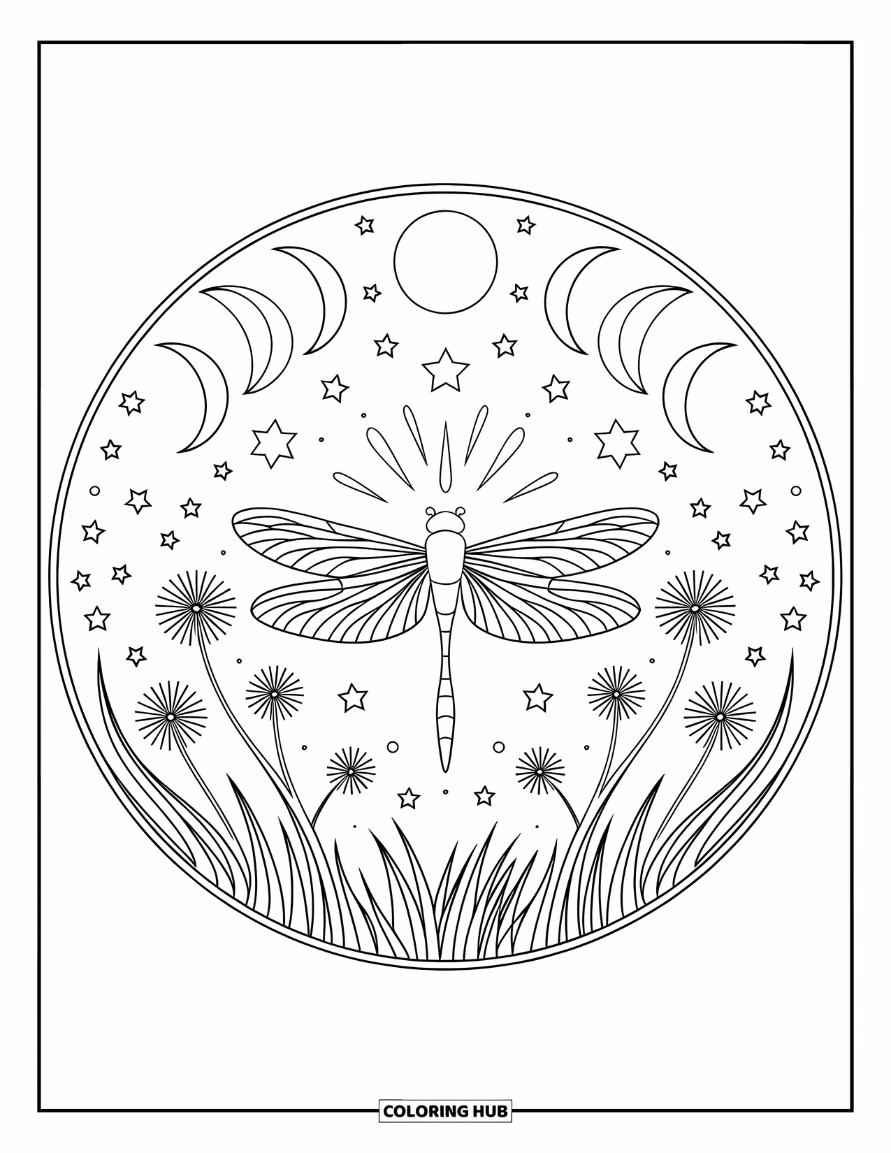 Insects Coloring Page for Adults: Firefly glows at the heart of a starry mandala with moon phases and grass