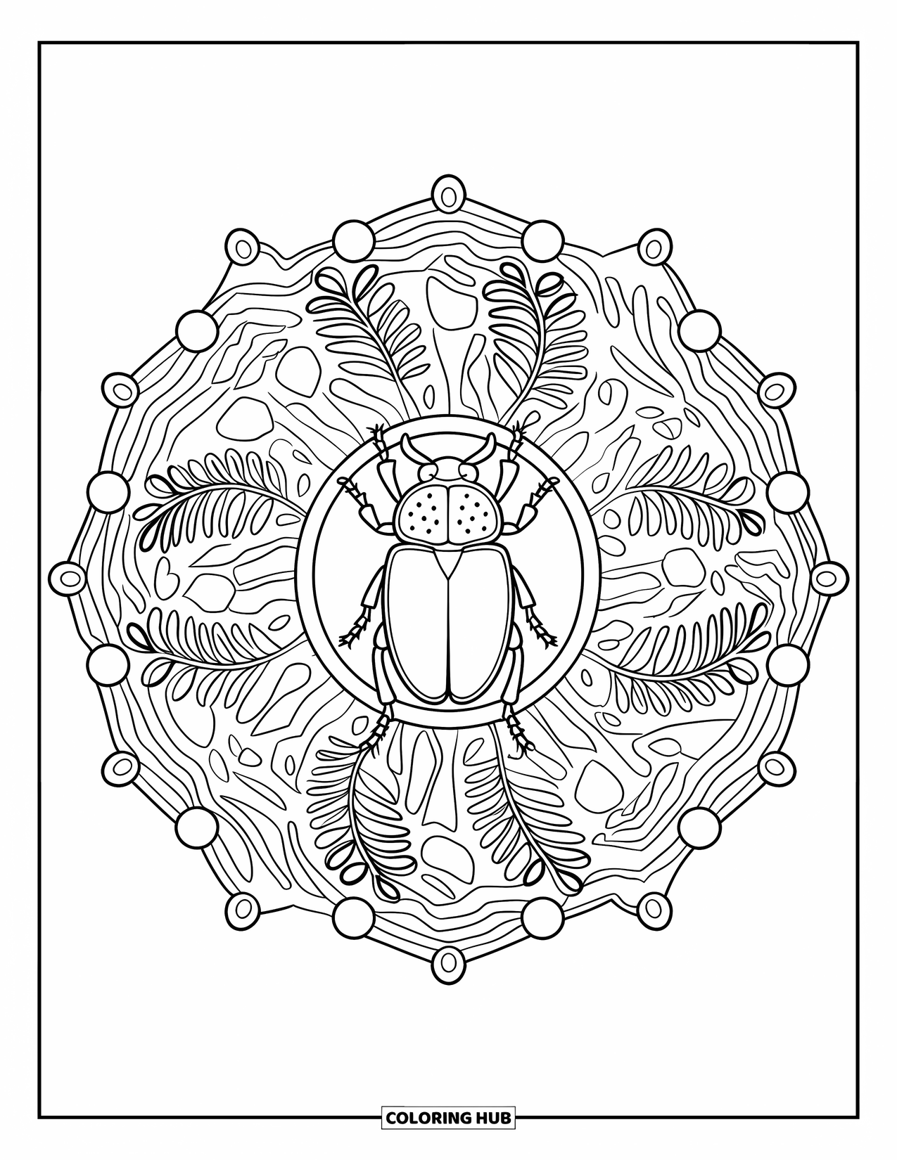 Insects Coloring Page for Adults: Intricate beetle rests in a detailed mandala of natural forest textures
