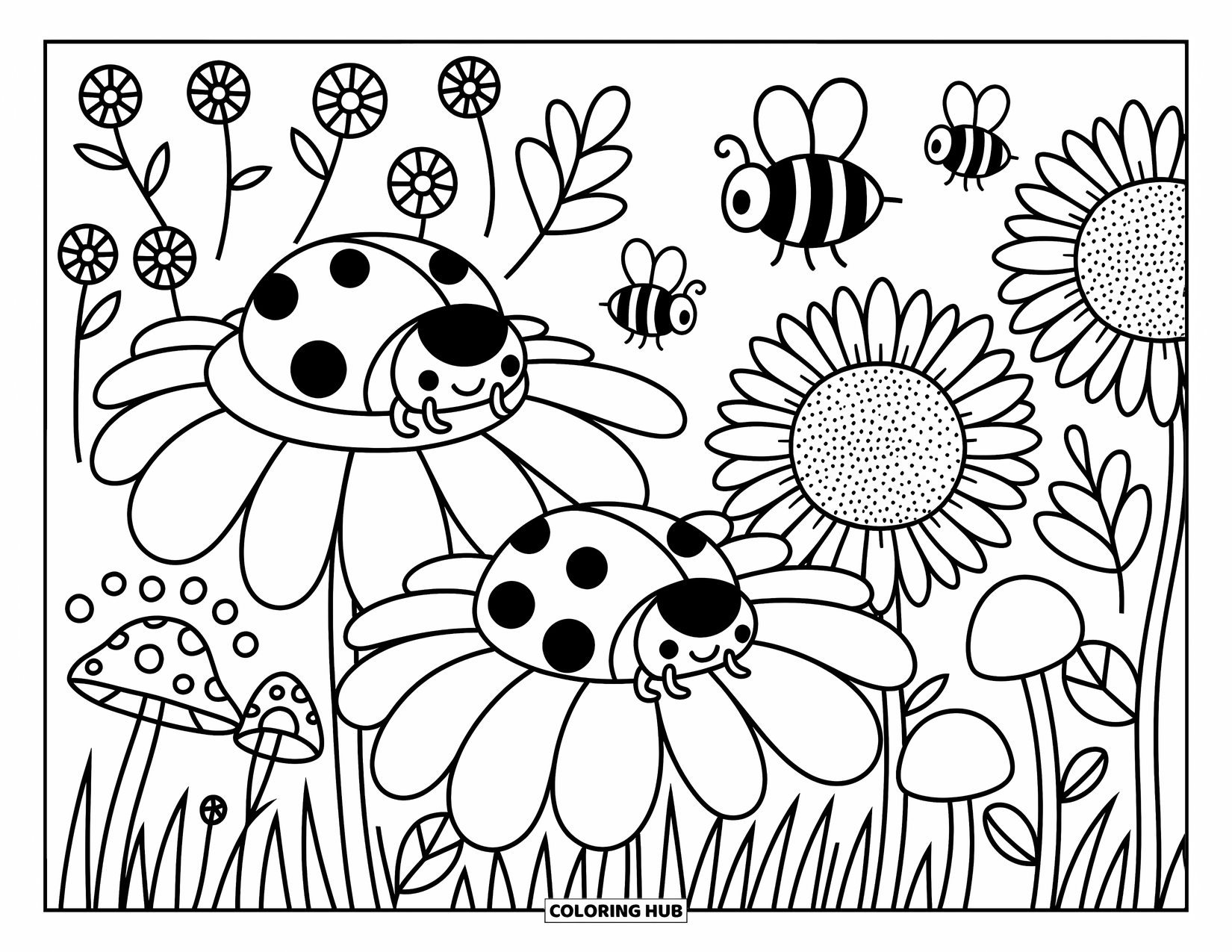Insects Coloring Page for Adults: Ladybugs rest on daisies while bees buzz around sunflowers in a cozy garden