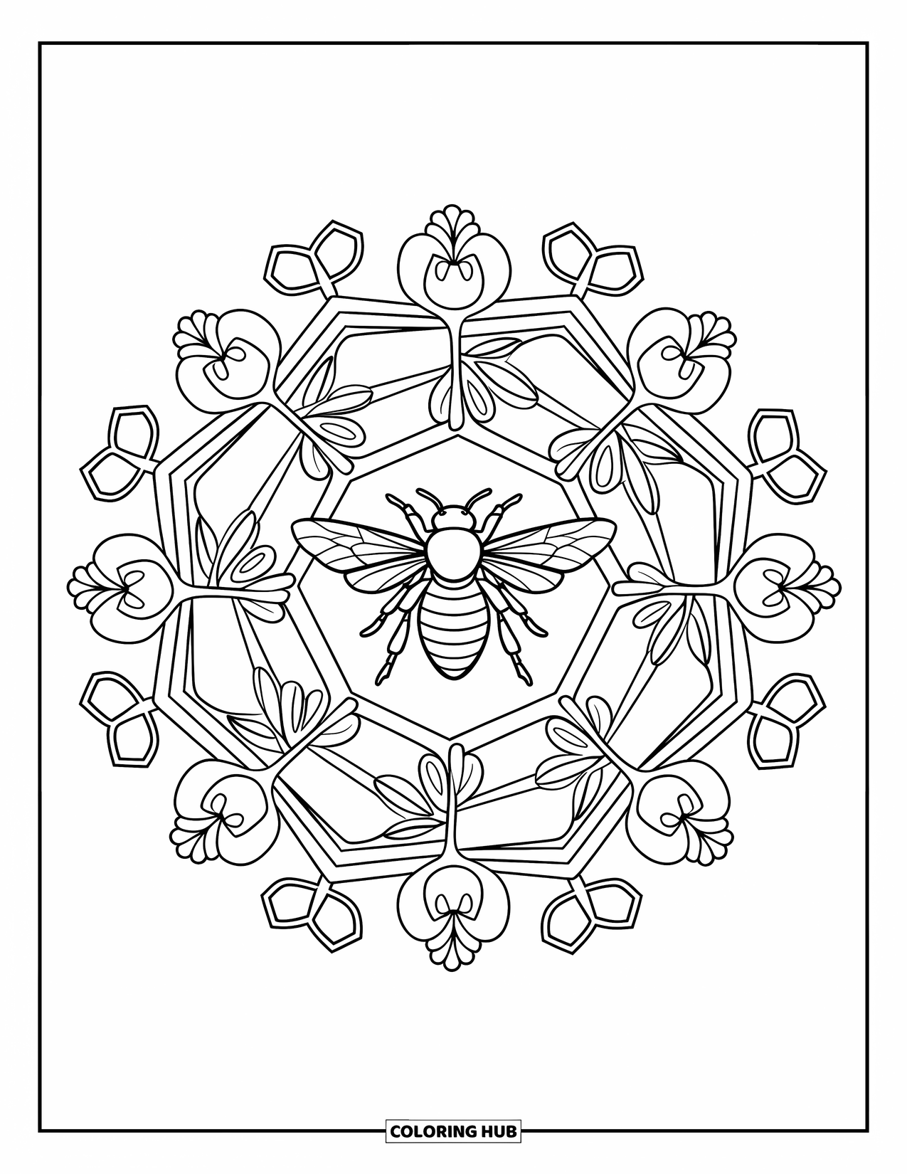 Insects Coloring Page for Adults: Mandala of clovers and honeycomb frames a resting bee in the center