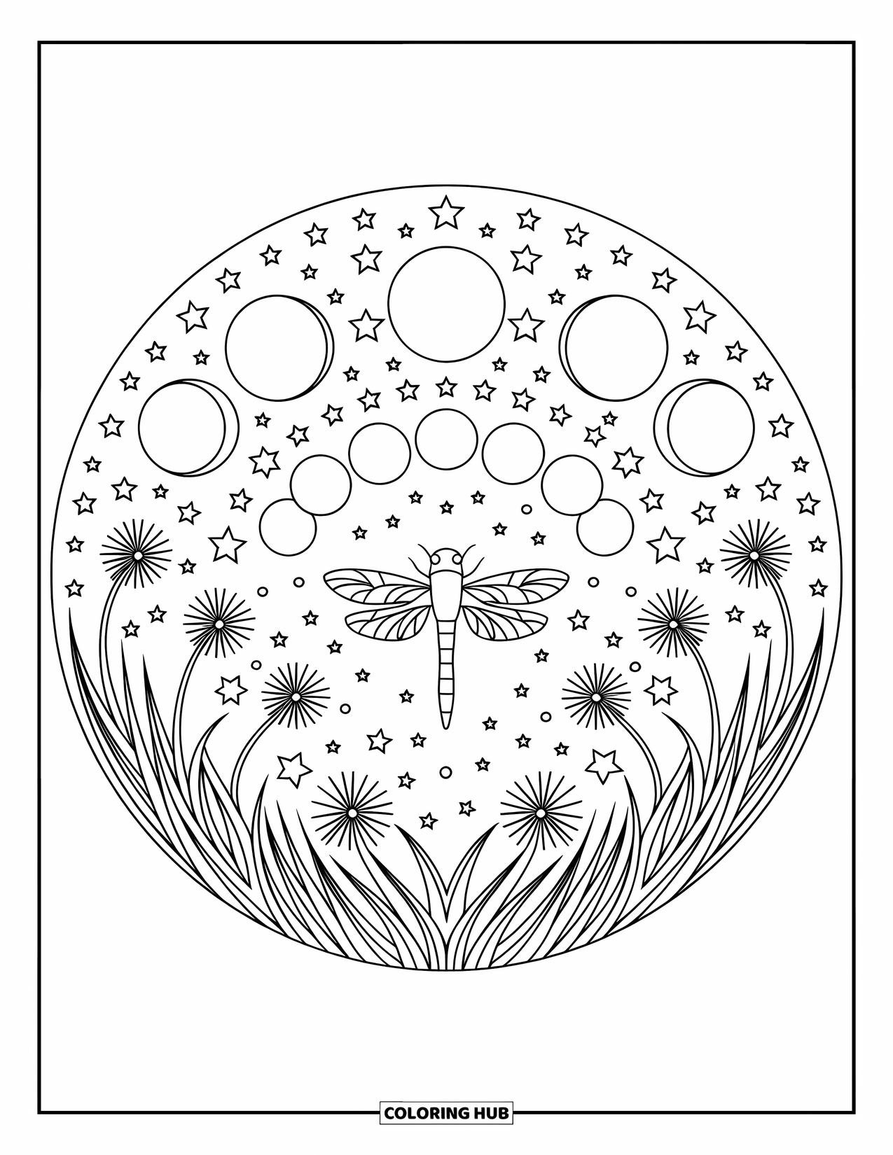 Insects Coloring Page for Adults: Mandala of stars and fluff surrounds a glowing firefly at the center